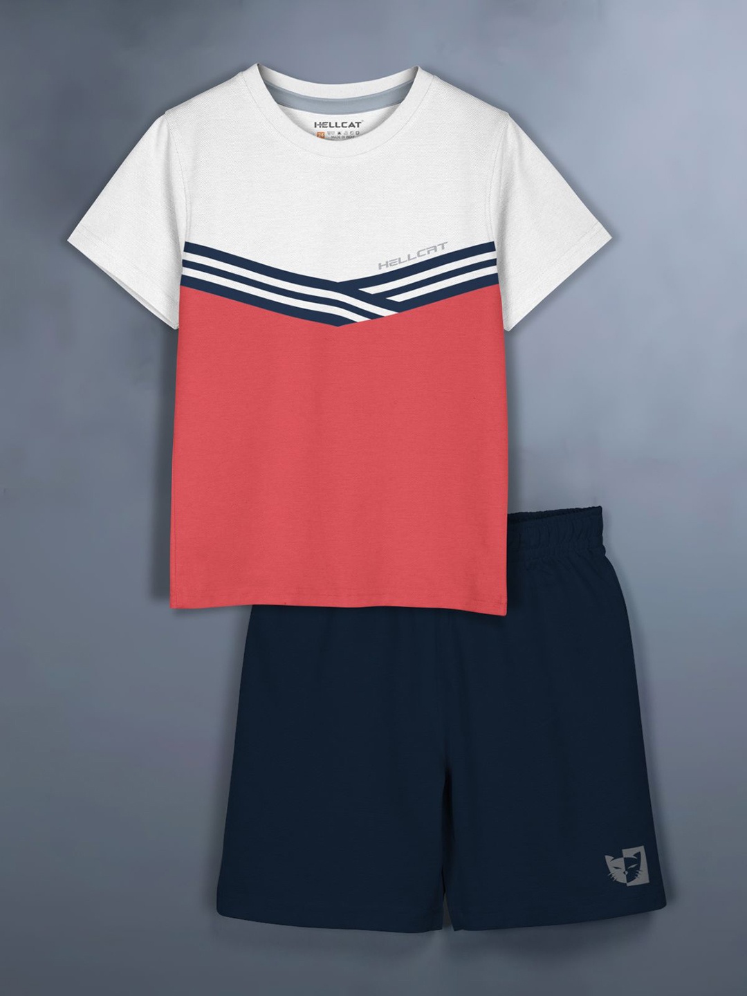 

HELLCAT Girls Colourblocked Round Neck T-Shirt With Shorts, Coral