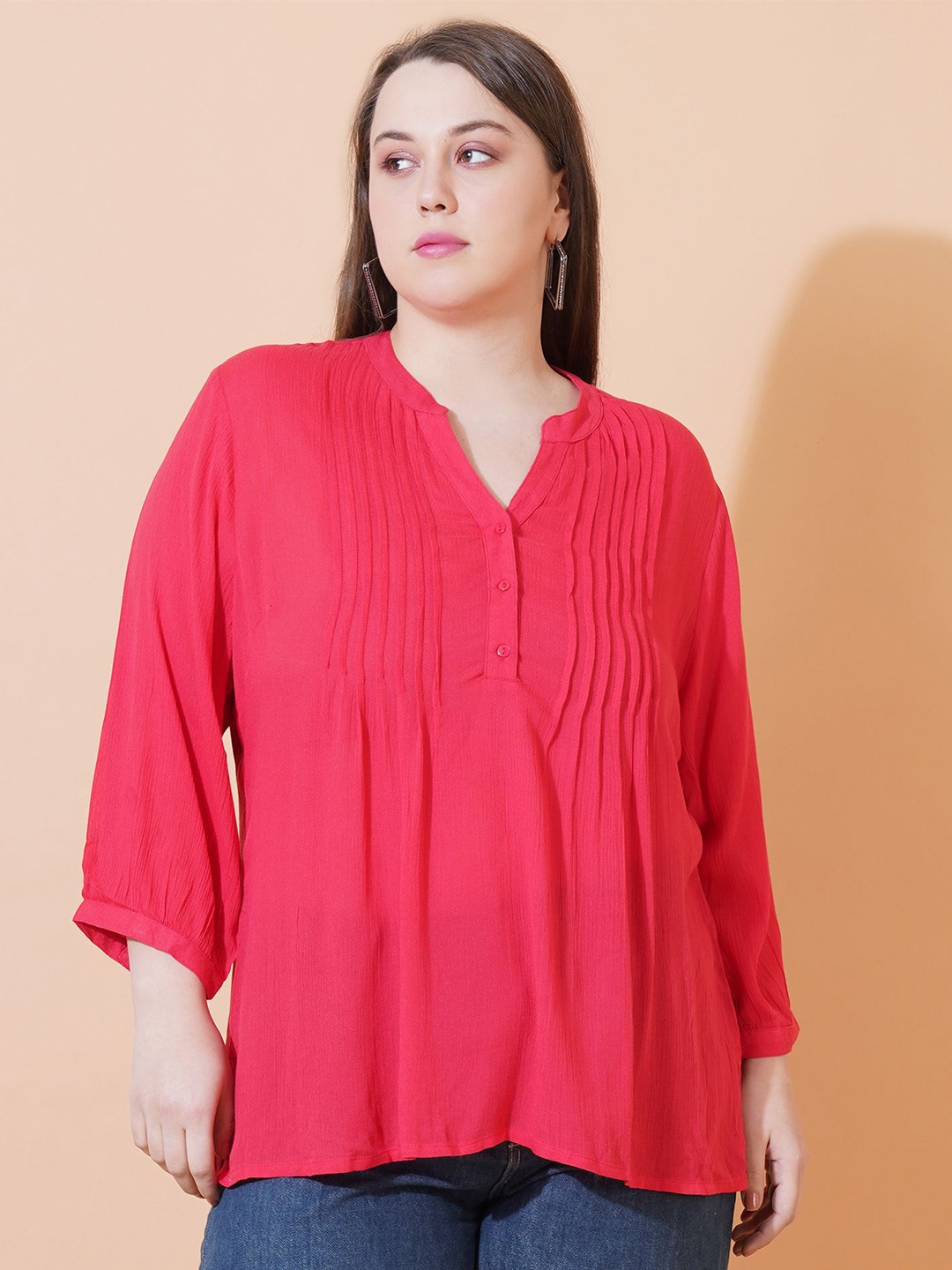 

Sztori Print Mandarin Collar Longline Top, Red