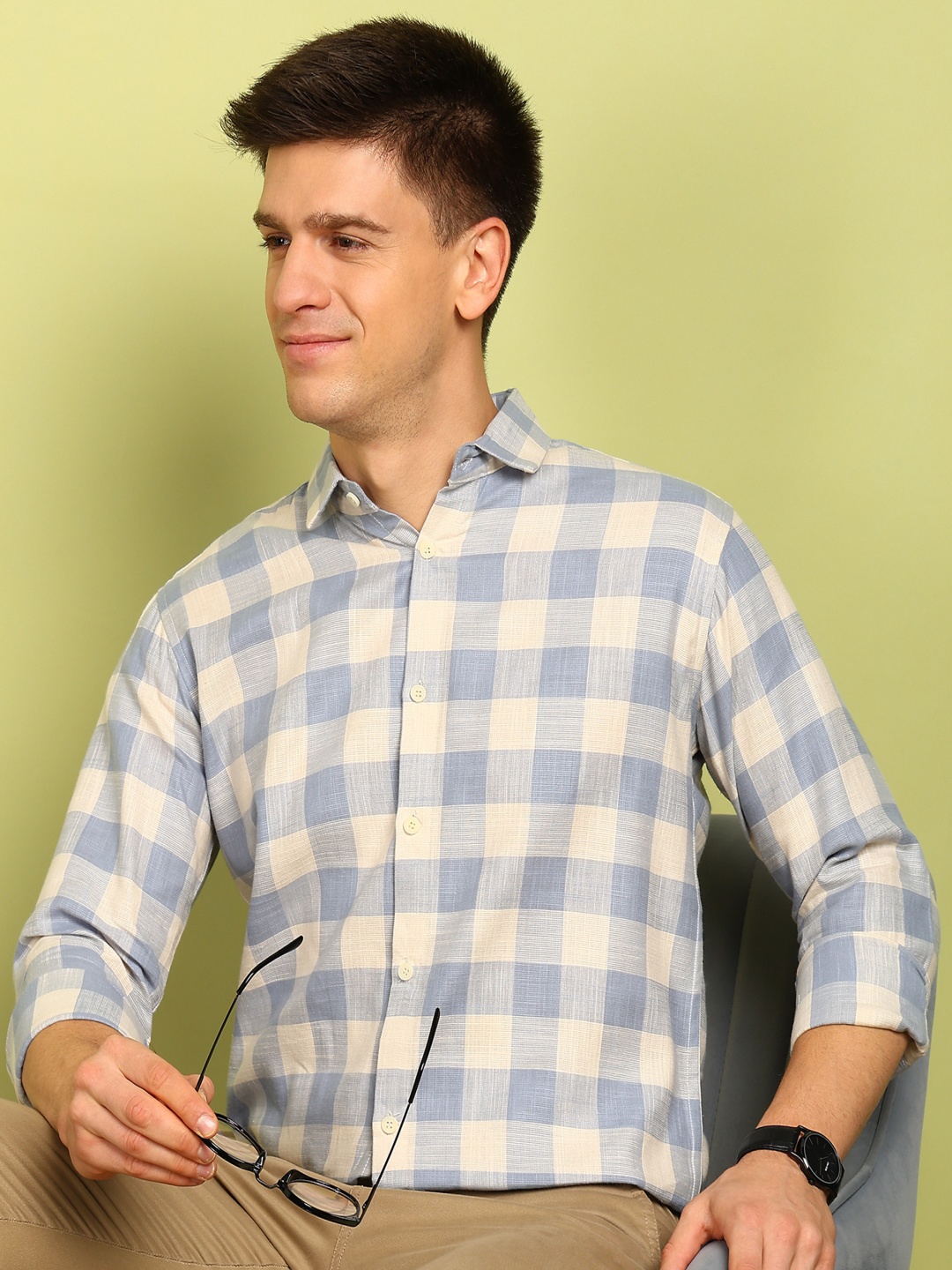 

PulseIQ Men Slim Fit Gingham Checks Opaque Checked Formal Shirt, Blue