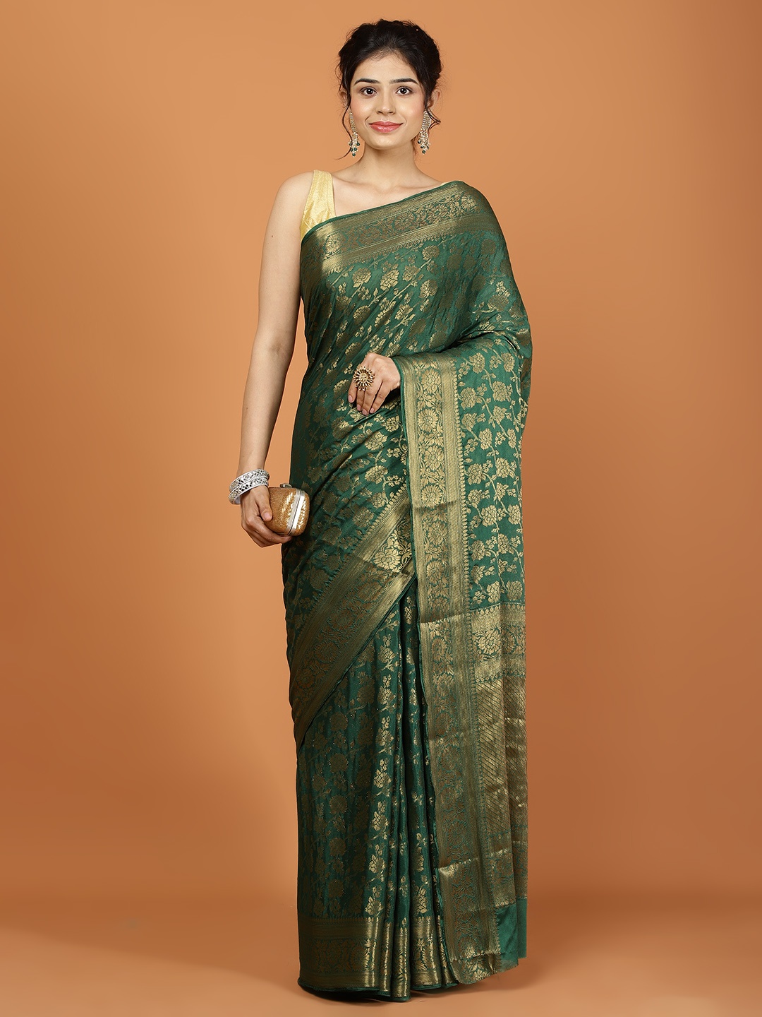 

Meena Bazaar Woven Design Zari Poly Chiffon Saree, Green