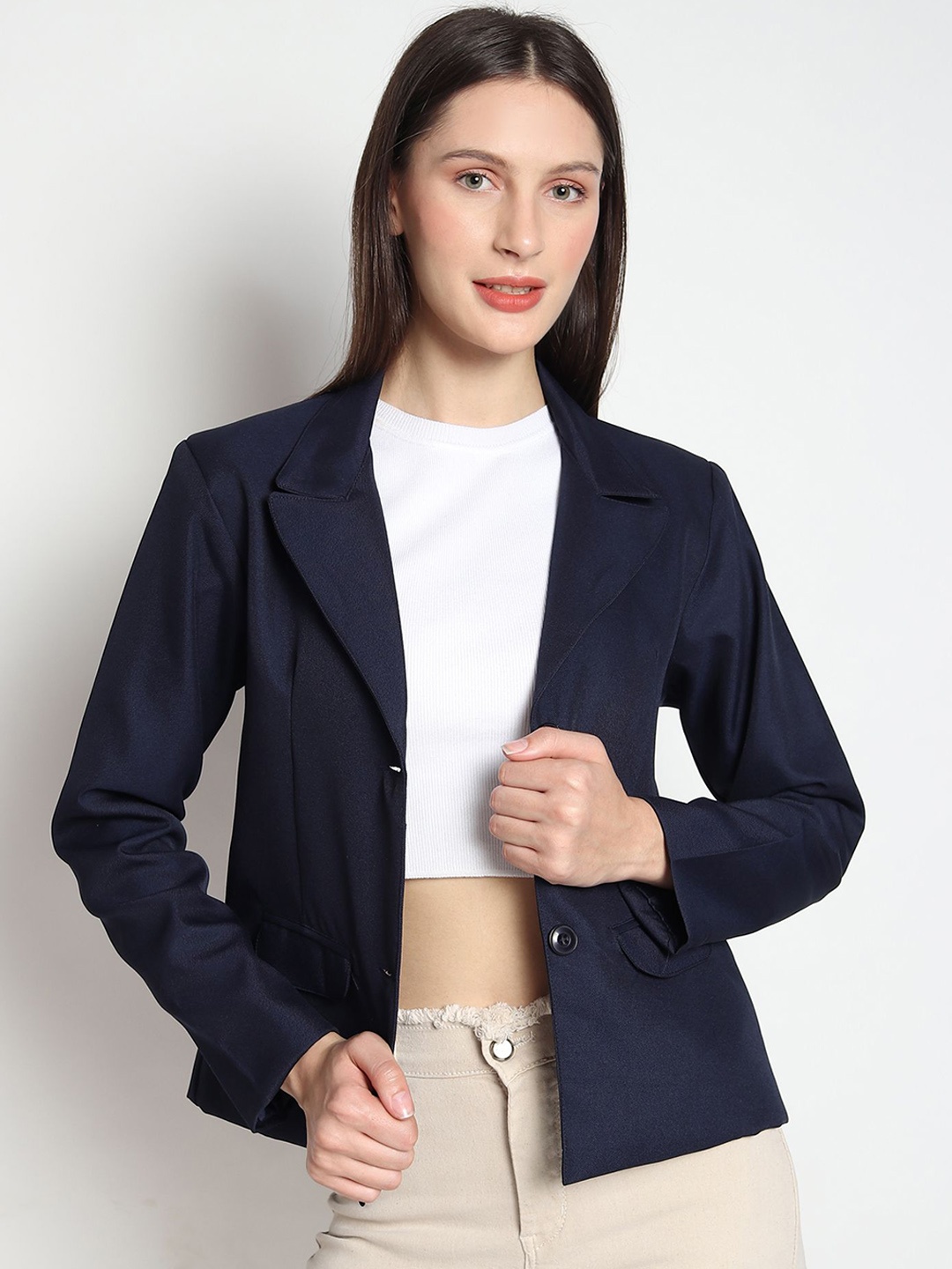 

NAVY Notched Lapel Collar Single Breasted Casual Blazer, Navy blue