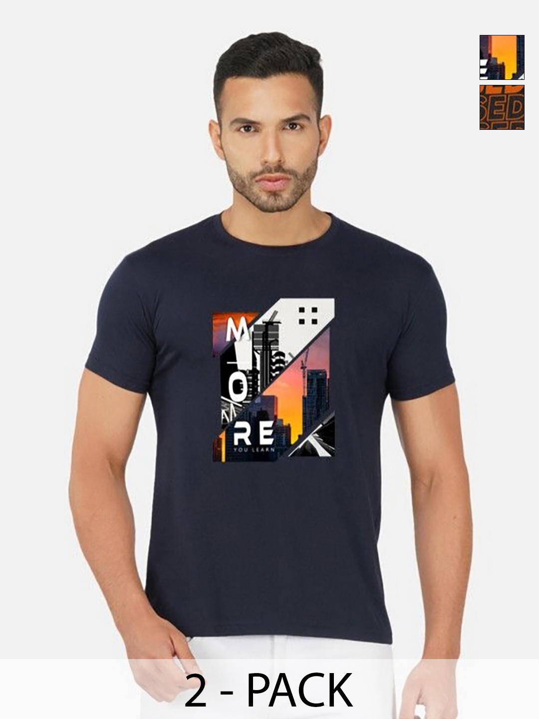 

GLOBAL NOMAD Men 2 Printed Bio Finish Applique T-shirt, Navy blue
