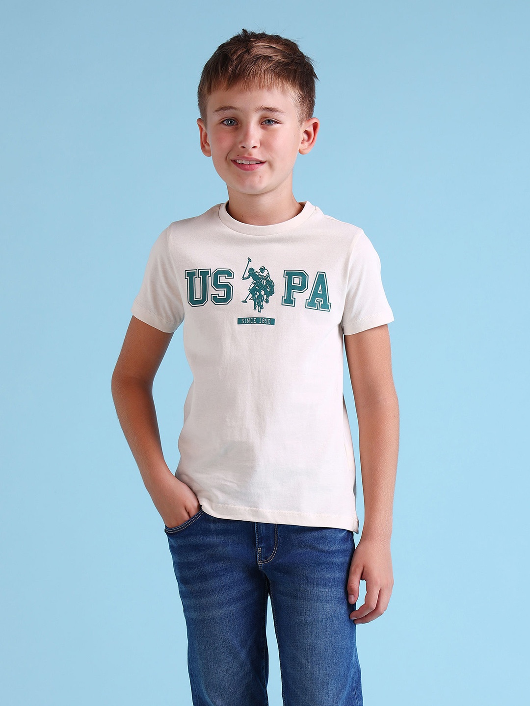 

U.S. Polo Assn. Kids Boys Brand Logo Printed Pure Cotton T-shirt, Beige