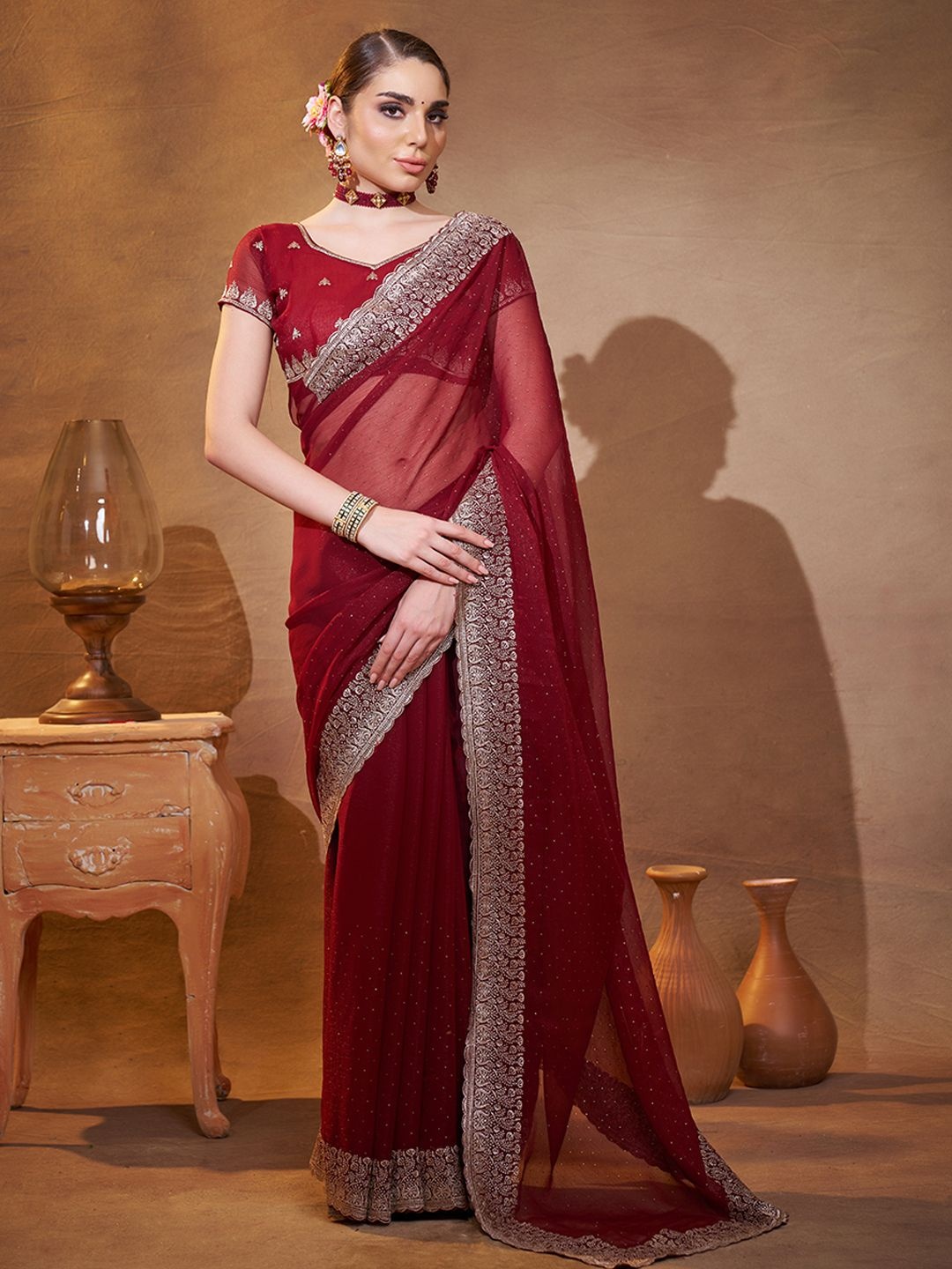 

Mitera Embellished Embroidered Pure Silk Saree, Maroon
