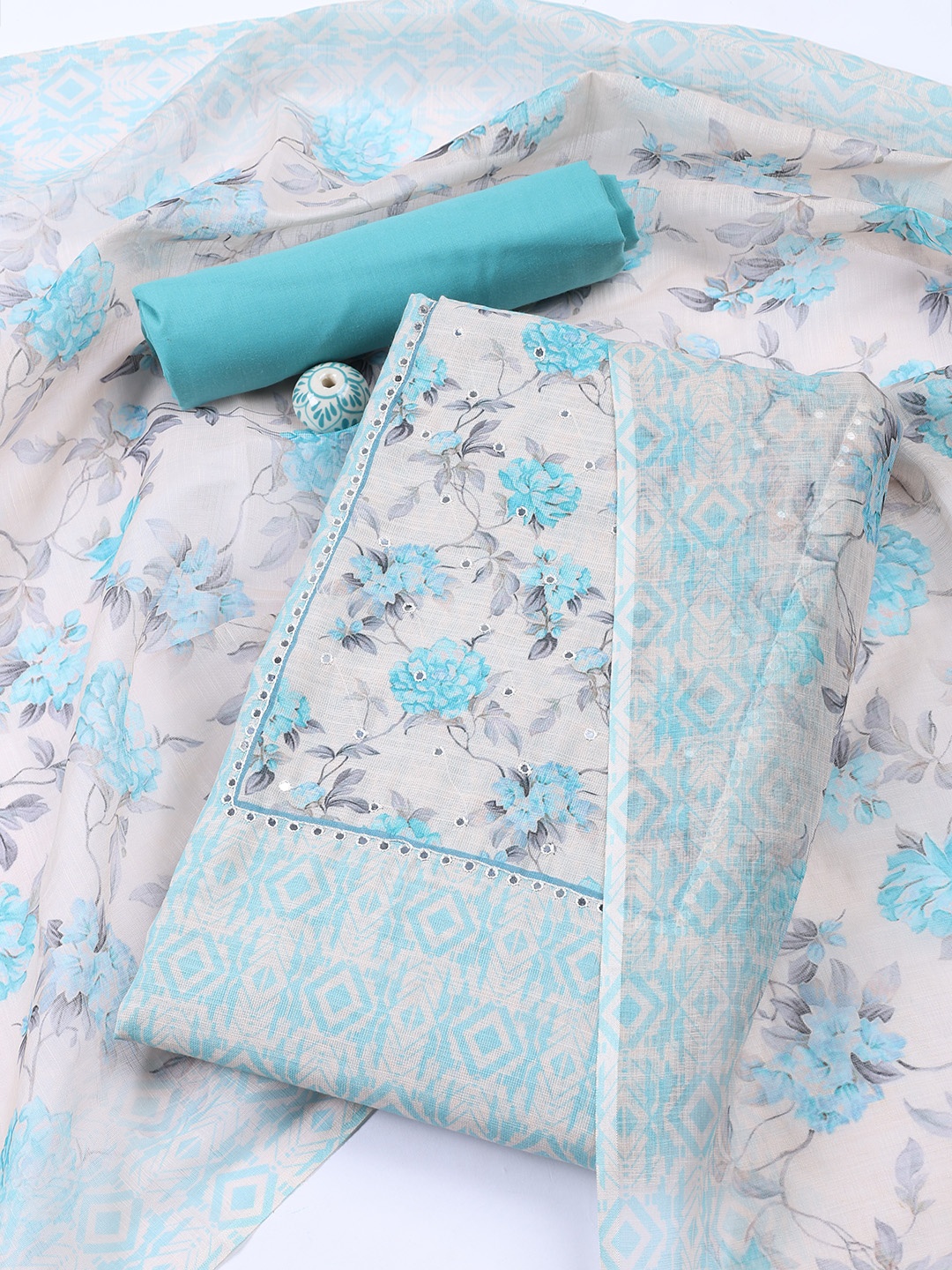 

Meena Bazaar Printed Linen Unstitched Dress Material, Blue