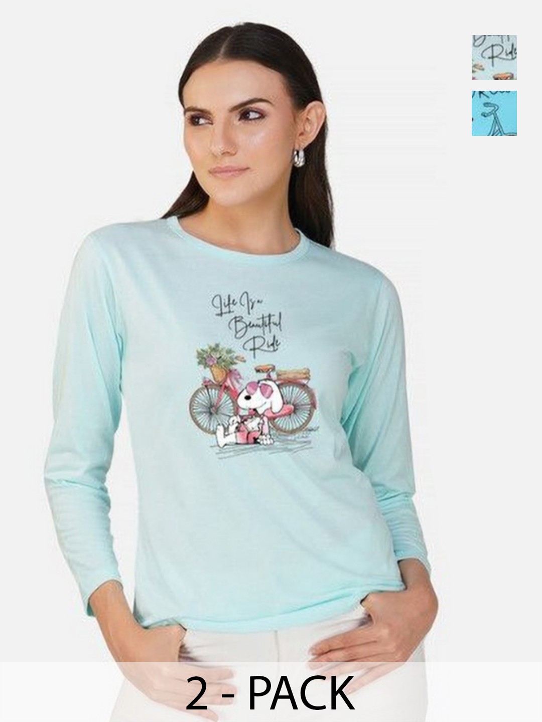 

Metronaut Women Pack of 2 Bio Finish Graphic Printed Round Neck Cotton T-shirts, Turquoise blue