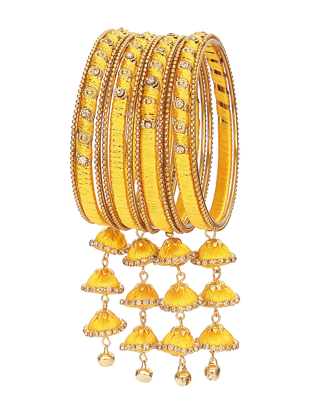 

ZULKA Set Of 24 Metal With Silk Thread Latkan & Stone Studded Bangles, Gold