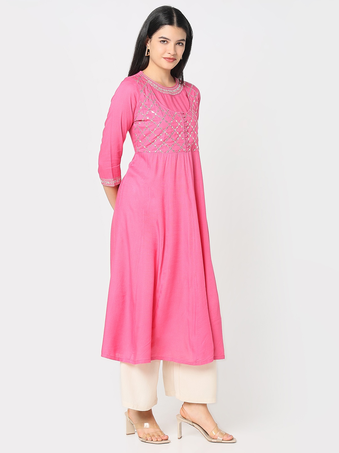 

R&B Women Ethnic Motifs Yoke Design Cowl Neck Thread Work Anarkali Kurta, Pink