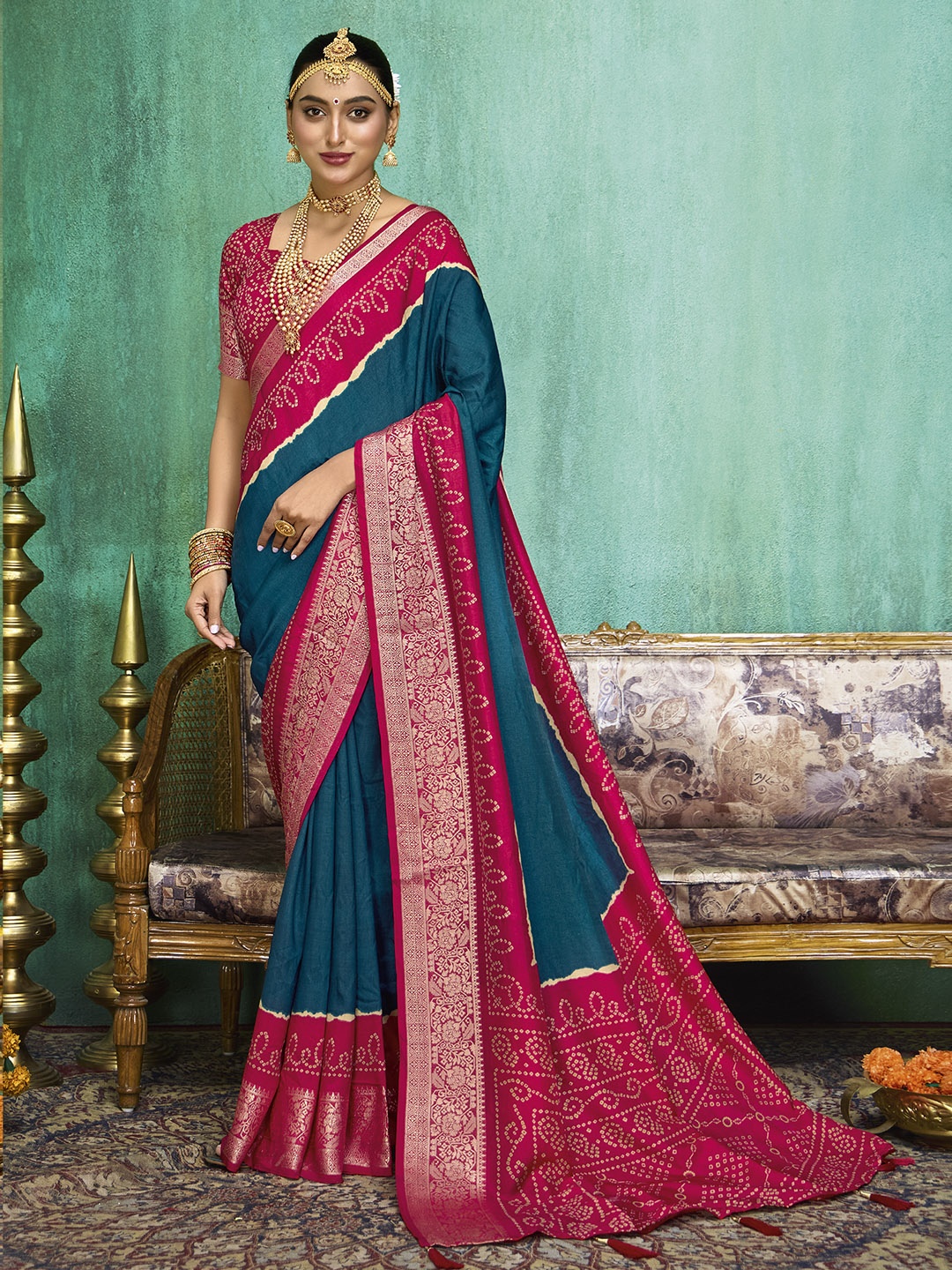 

Meena Bazaar Zari Art Silk Saree, Teal