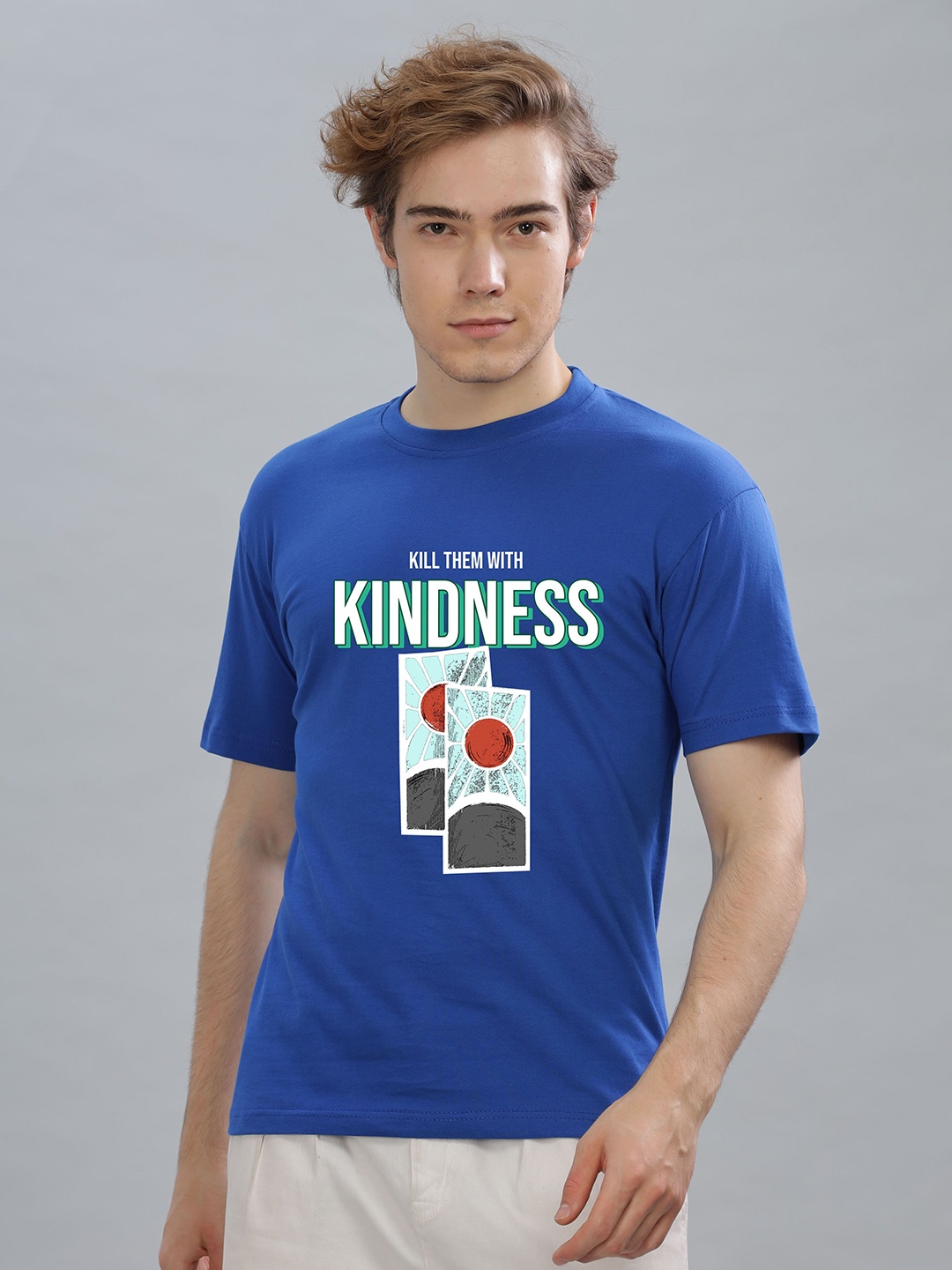 

FALTU.CO Men Printed Drop-Shoulder Sleeves Pure Cotton T-shirt, Turquoise blue