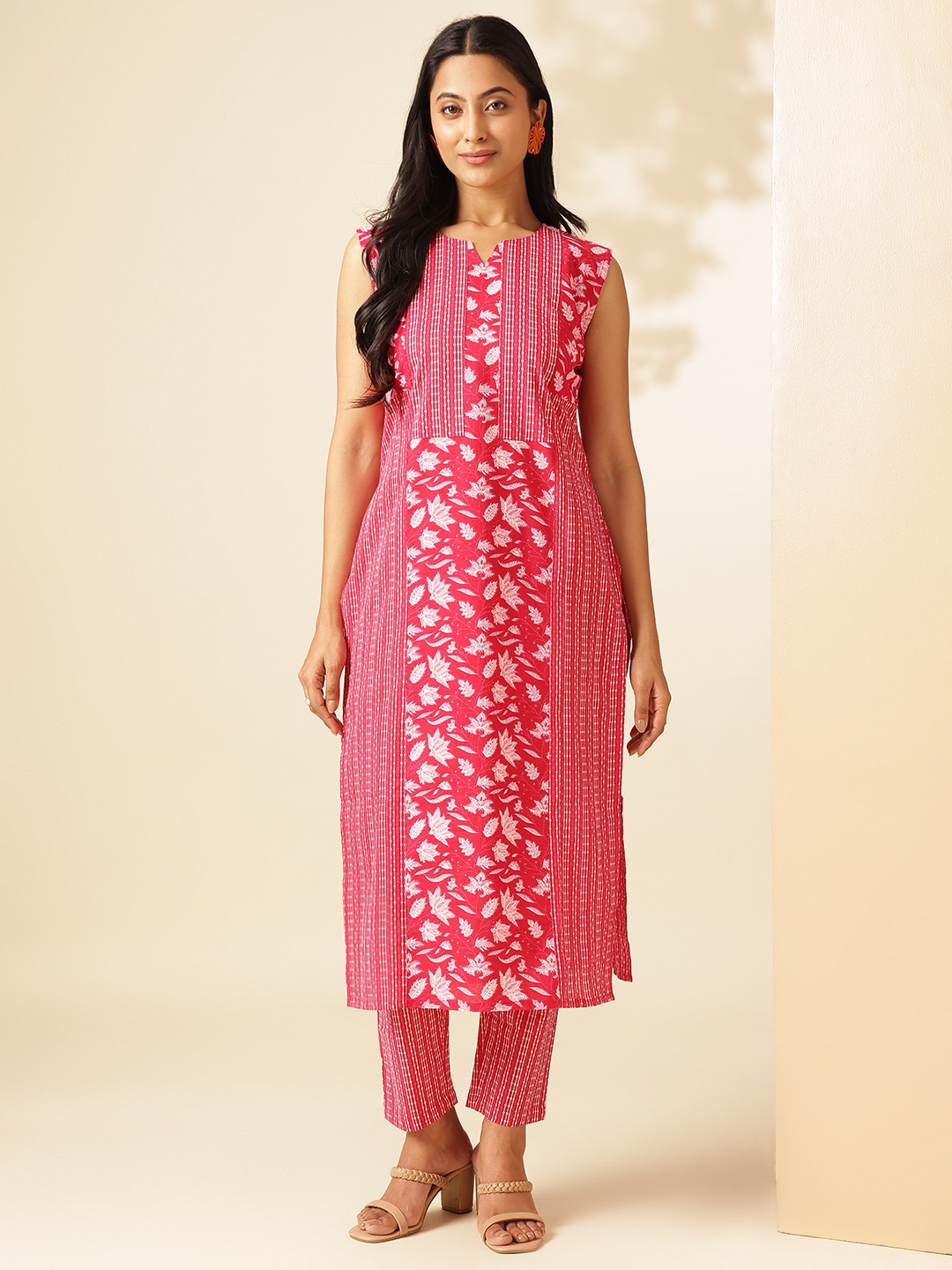 

Vbuyz Women Printed Straight Cotton Stitched Kurta With Pant Sets, Pink