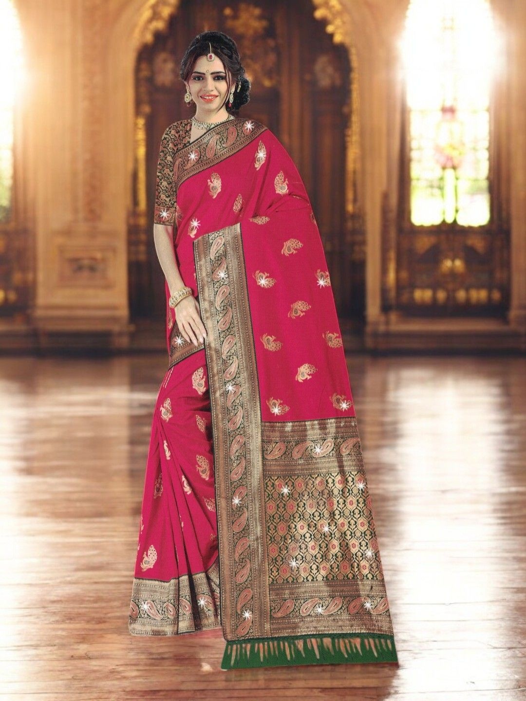 

SHOPPKEE Woven Design Zari Silk Blend Banarasi Saree, Red
