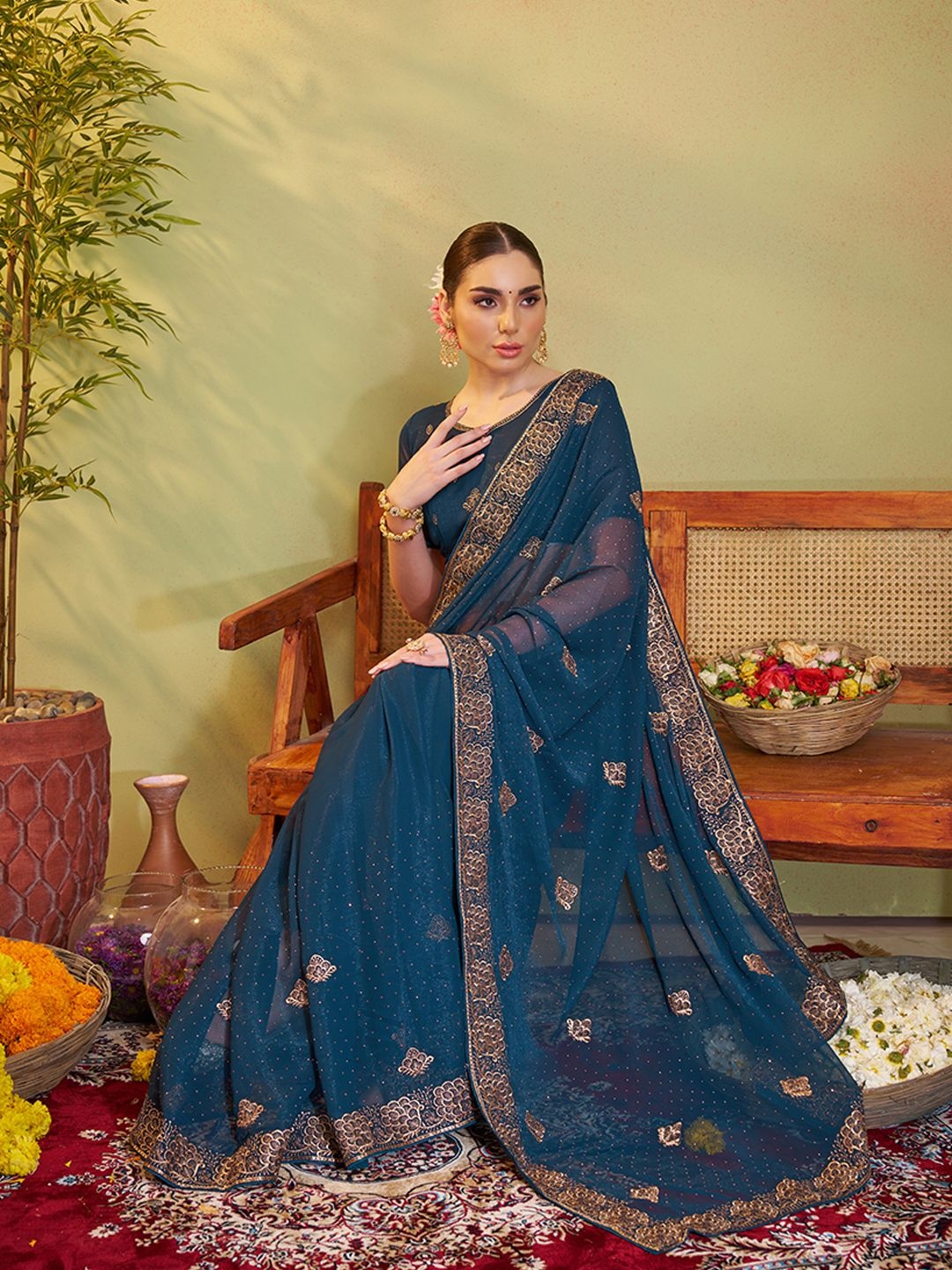 

Kalista Embellished Embroidered Organza Saree, Navy blue