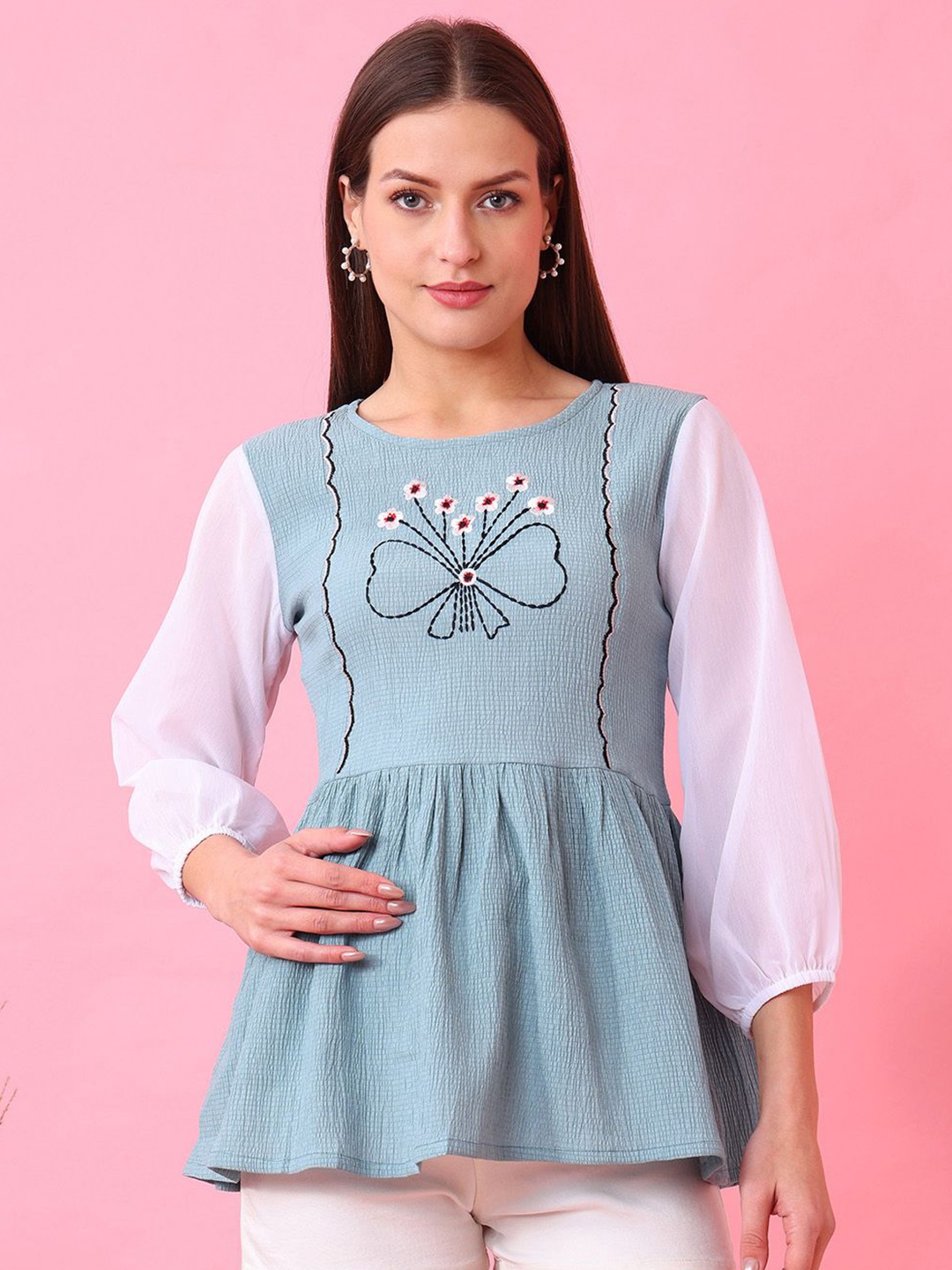 

Kinjo Embroidered Crepe Top, Turquoise blue