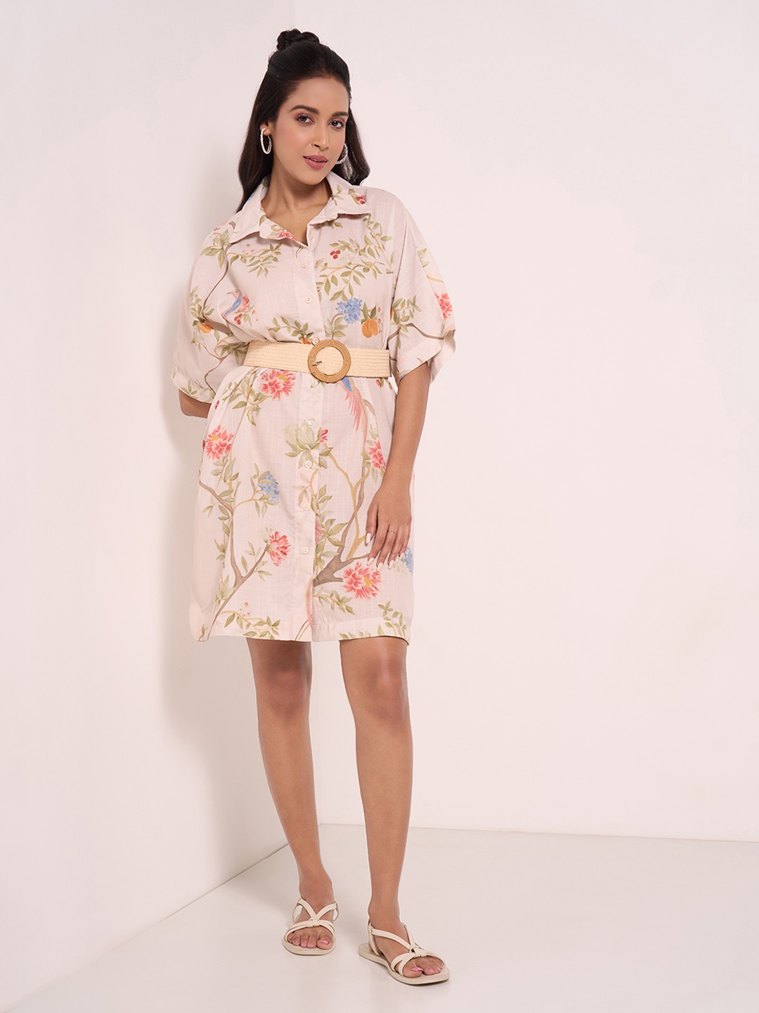 

AKKRITI BY PANTALOONS Floral Print Shirt Dress, Off white