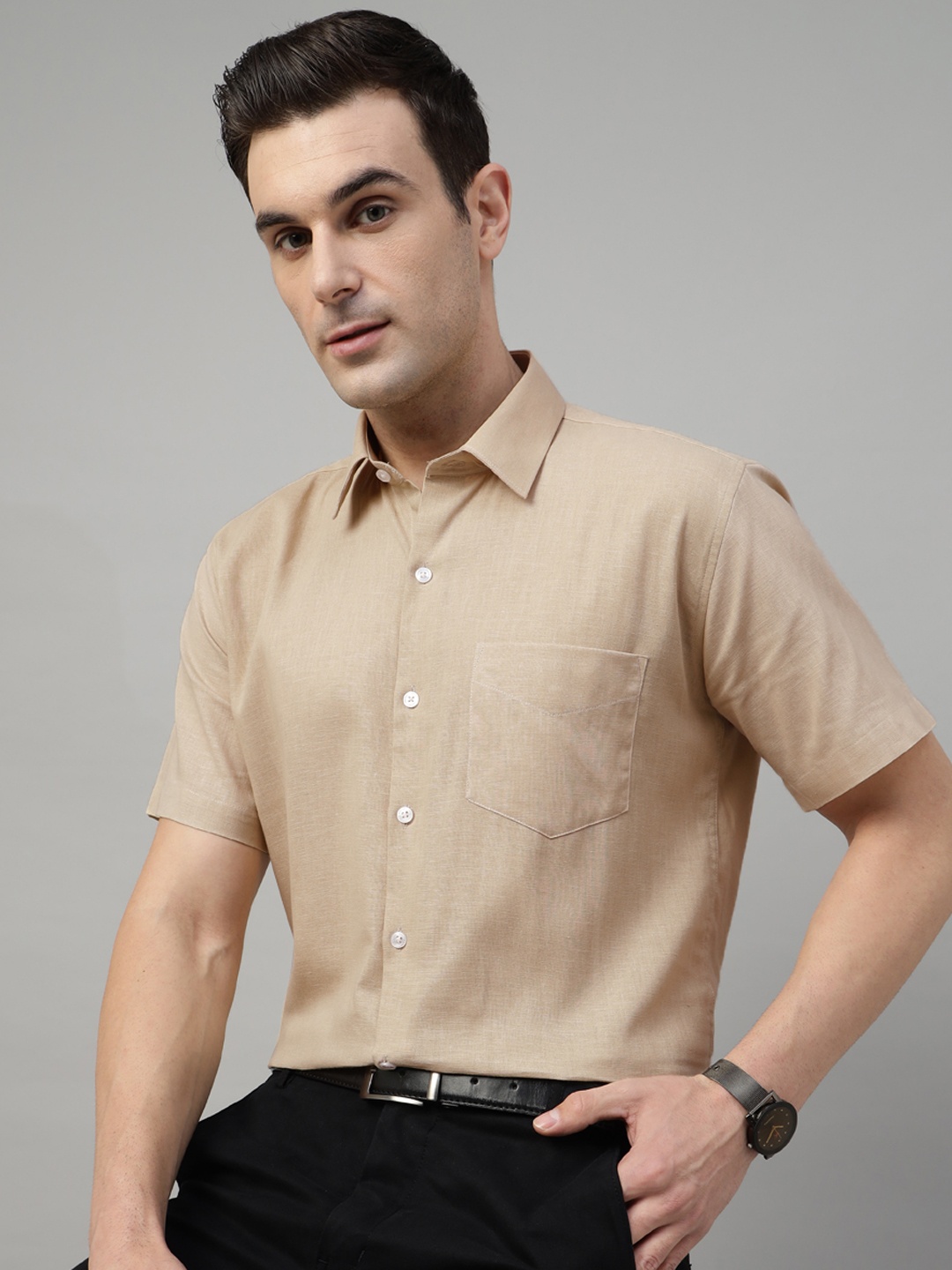 

Hancock Men Standard Slim Fit Opaque Formal Shirt, Tan