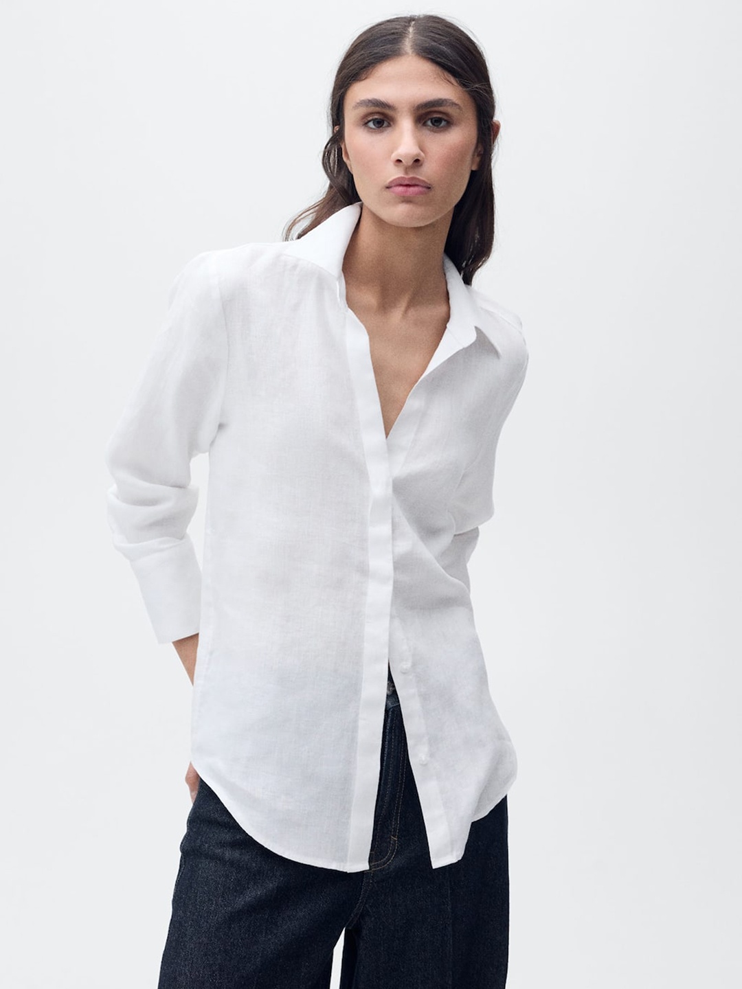 

MANGO Women Pure Linen Casual Shirt, White