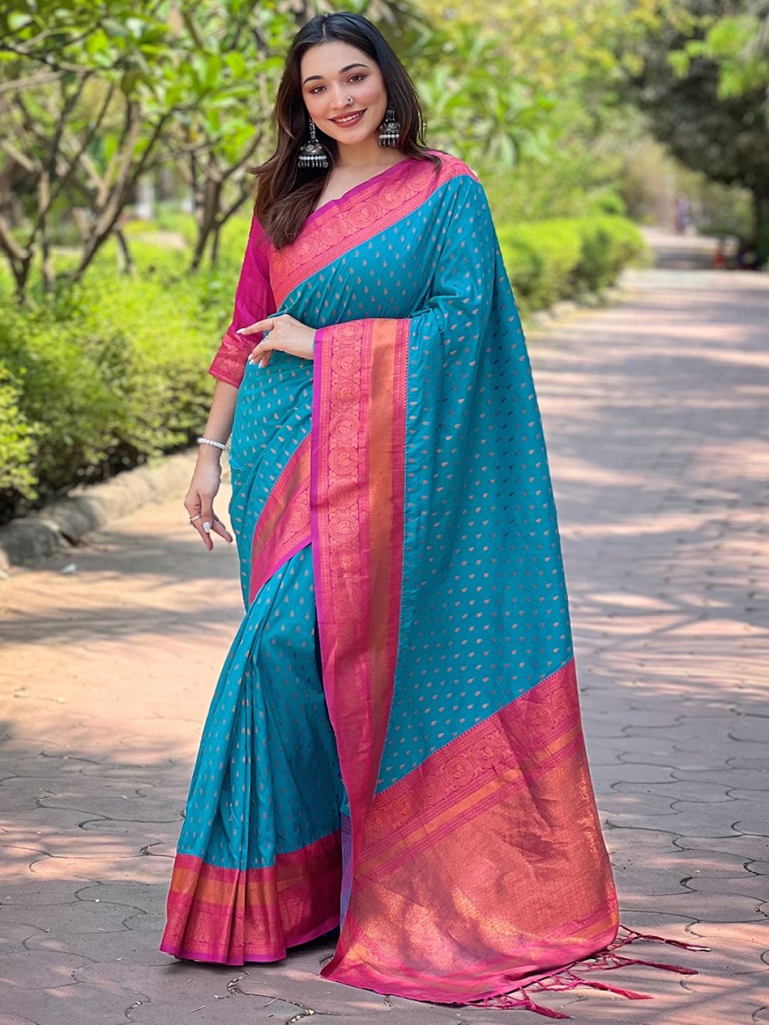 

all about you Woven Design Zari Silk Blend Paithani Saree, Blue