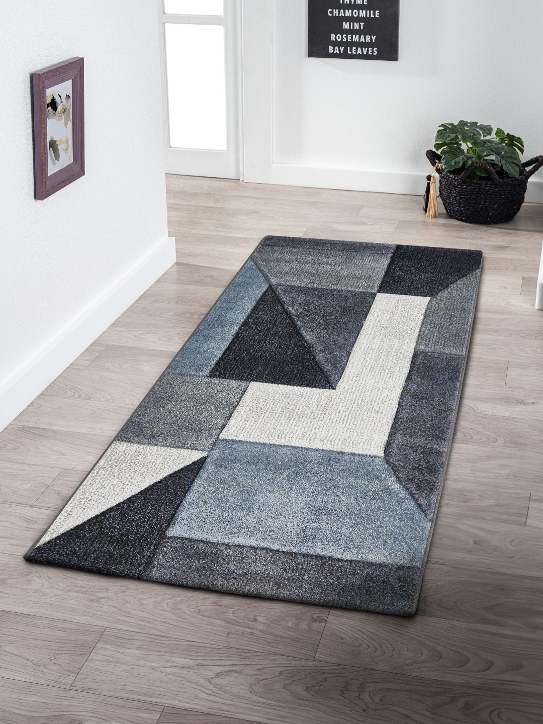 

OBSESSIONS Blue & Grey Geometric Print Anti-Static Floor Runner