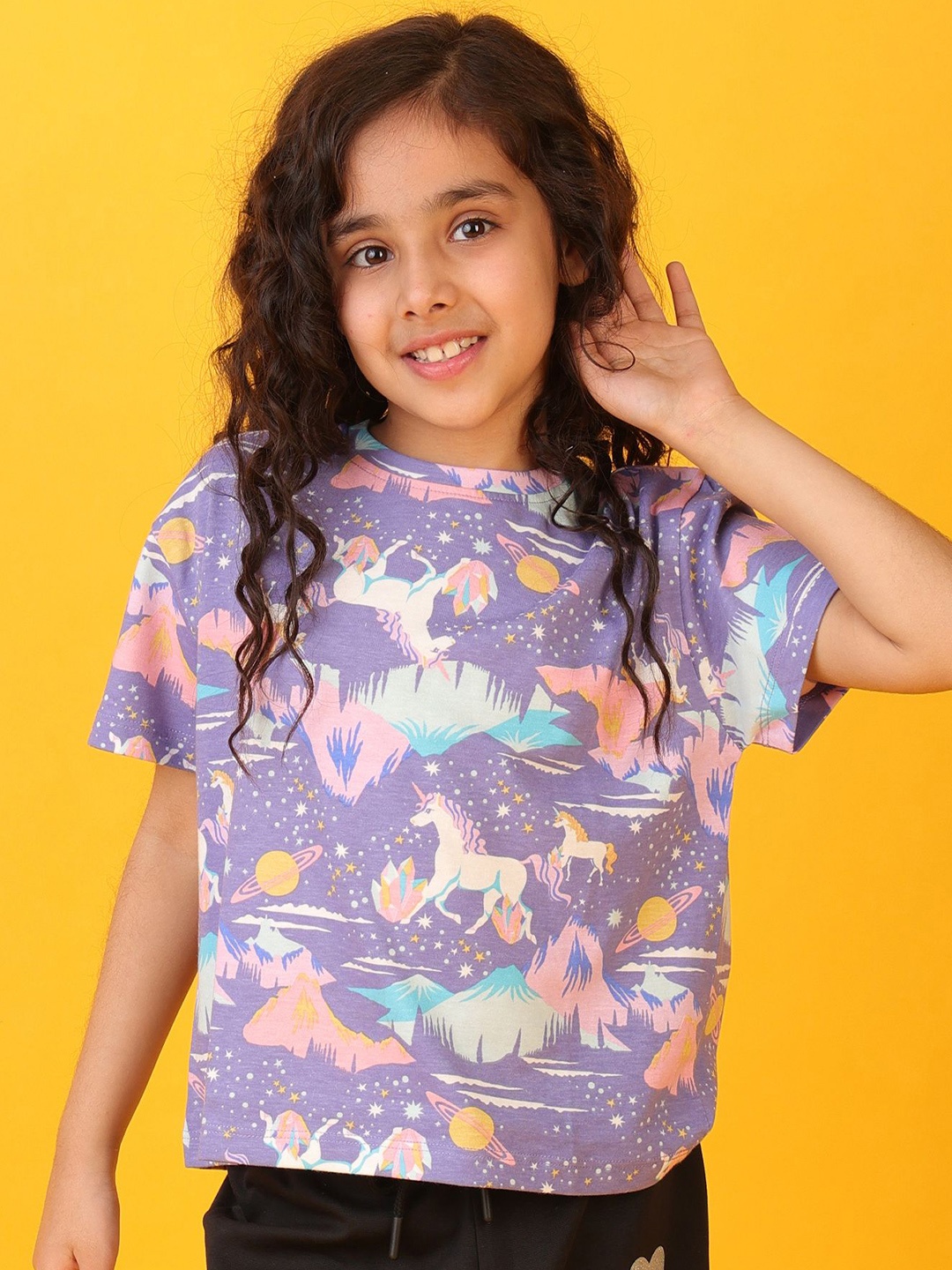 

Anthrilo Girls Floral Printed Raw Edge T-shirt, Purple