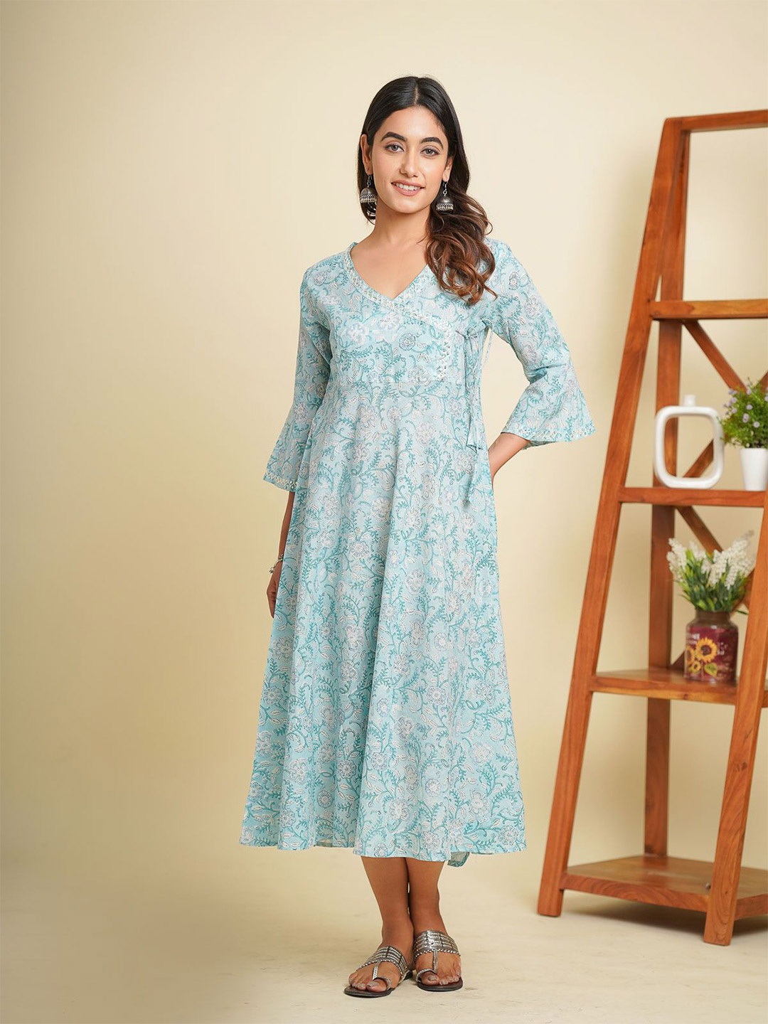 

GOODHAND Floral Printed A-Line Midi Ethnic Dress, Blue