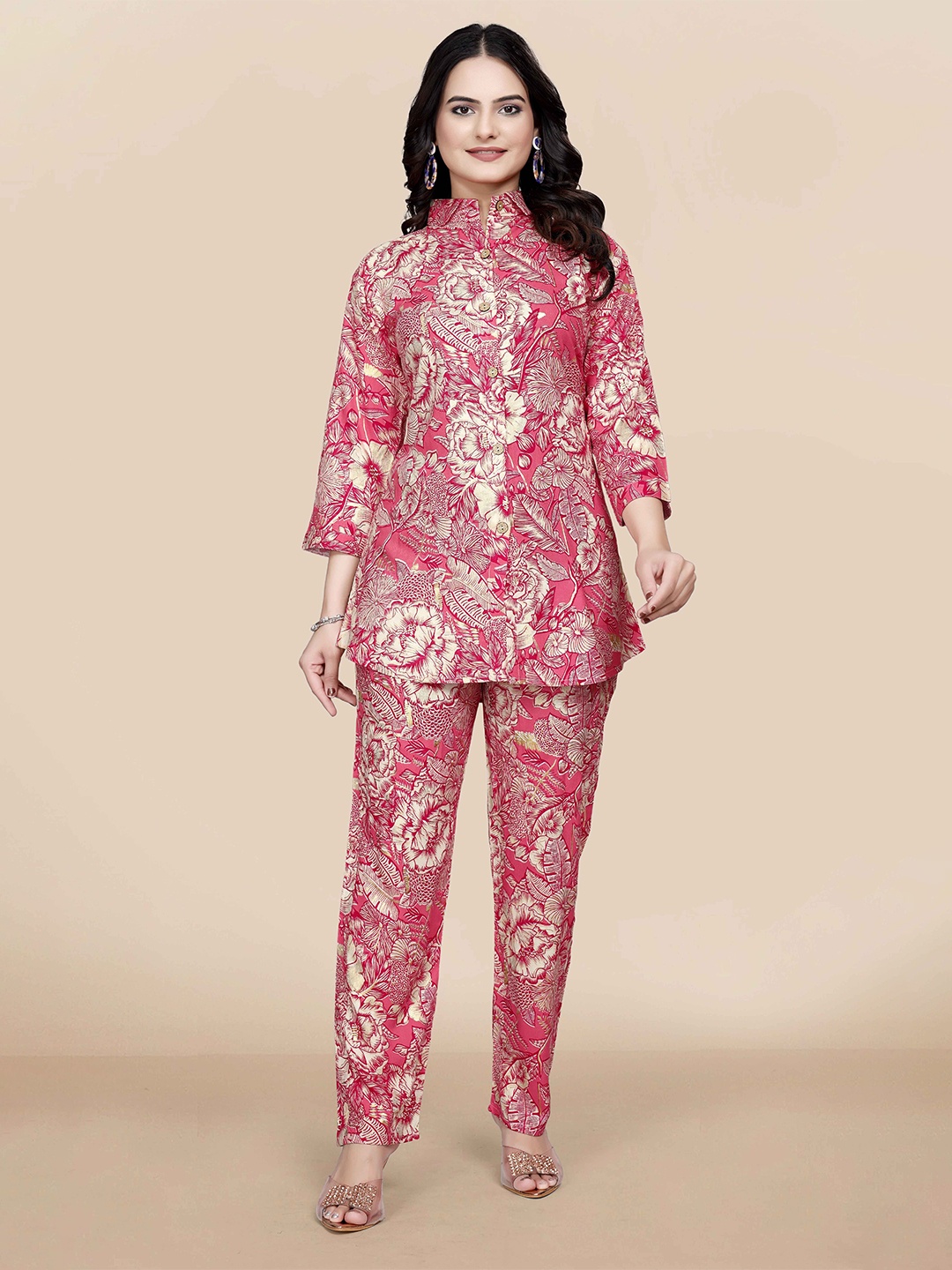 

YOELLA Printed Shirt Collar Top With Trousers Co-Ords Set, Peach