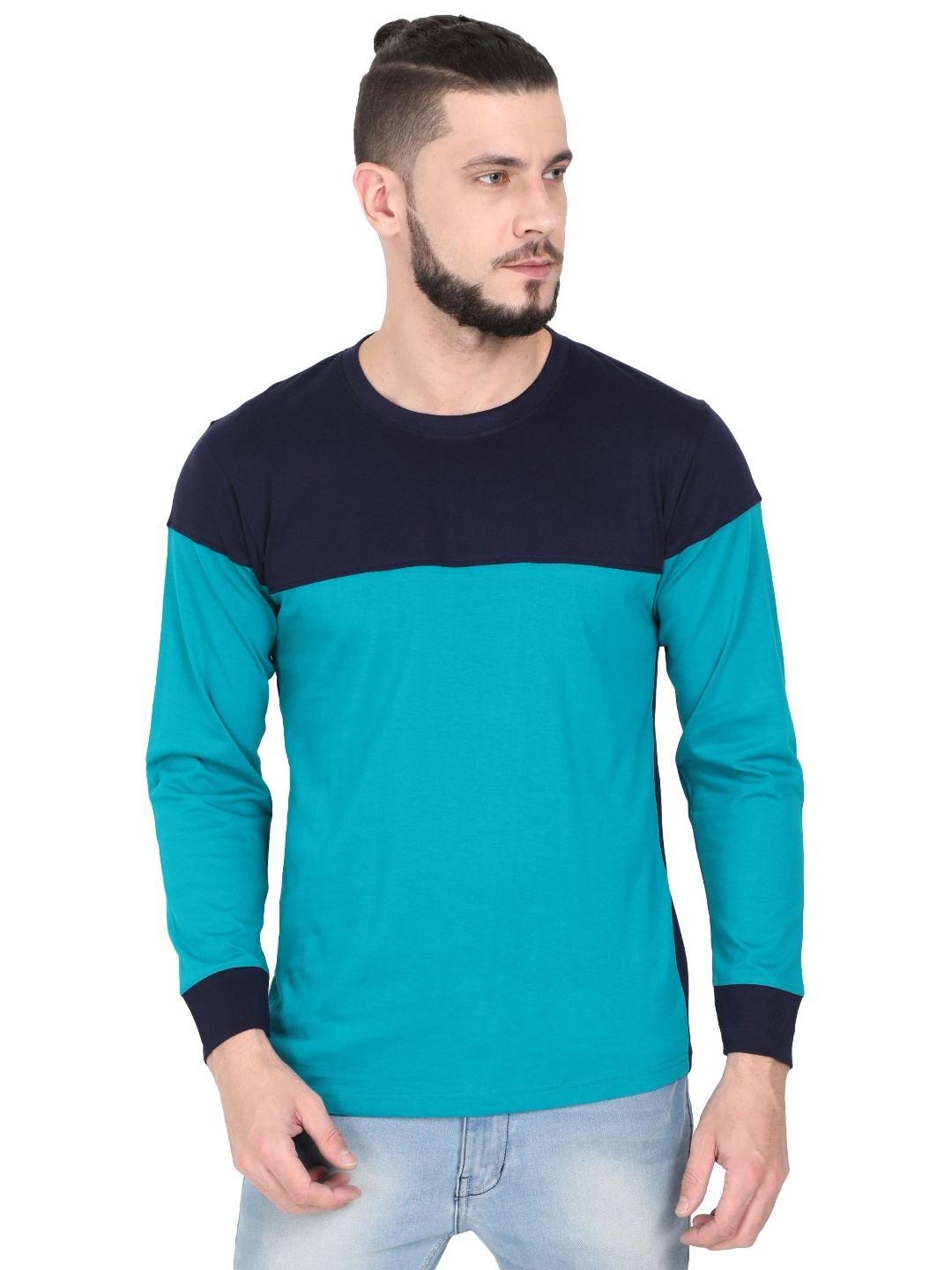

QUCO Men Cotton Biowashed Round Neck Colour Blocked Full Sleeve Tshirt, Blue