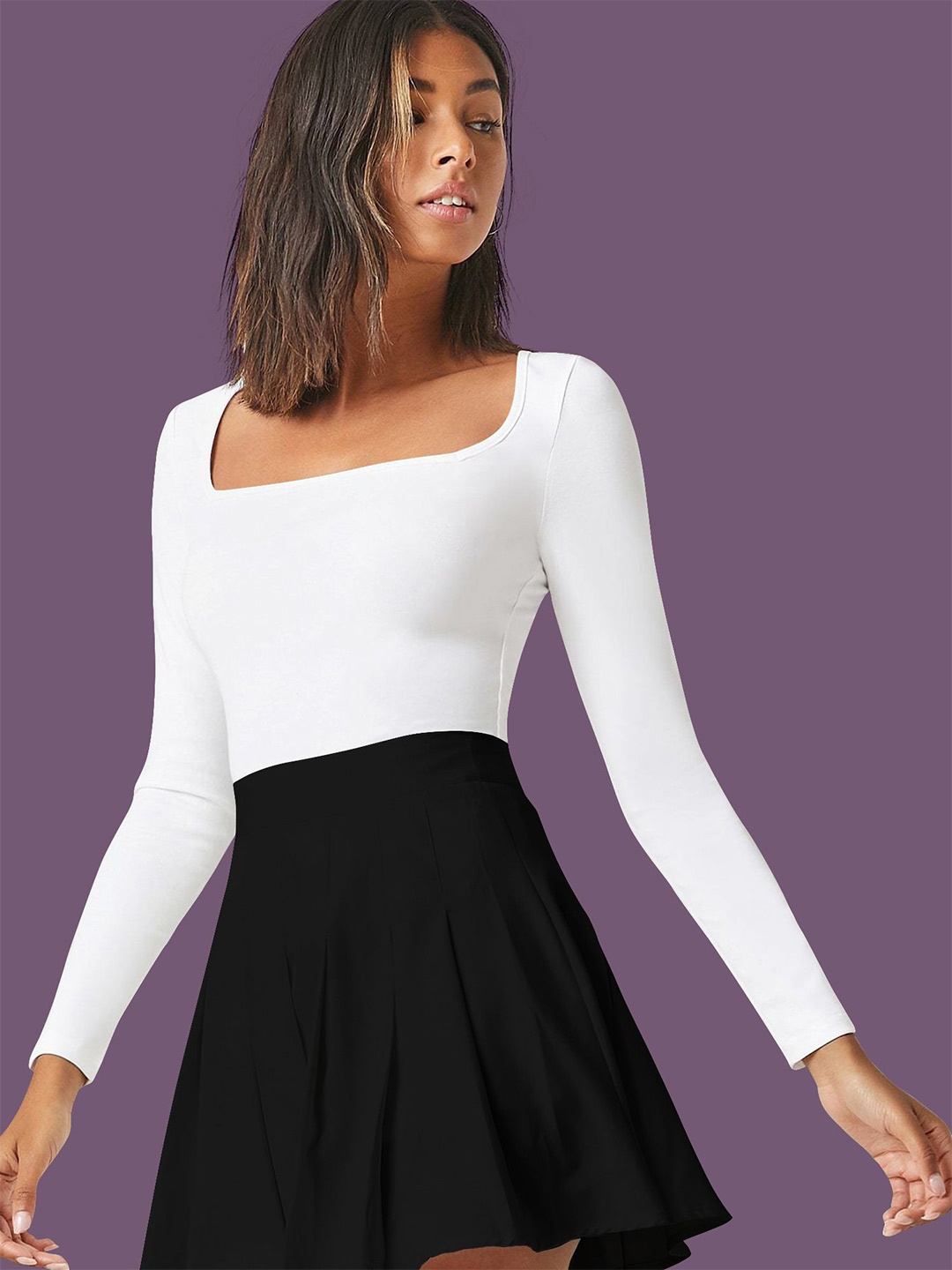 

Dream Beauty Fashion Women Square Neck Long Sleeves Fitted Top, White