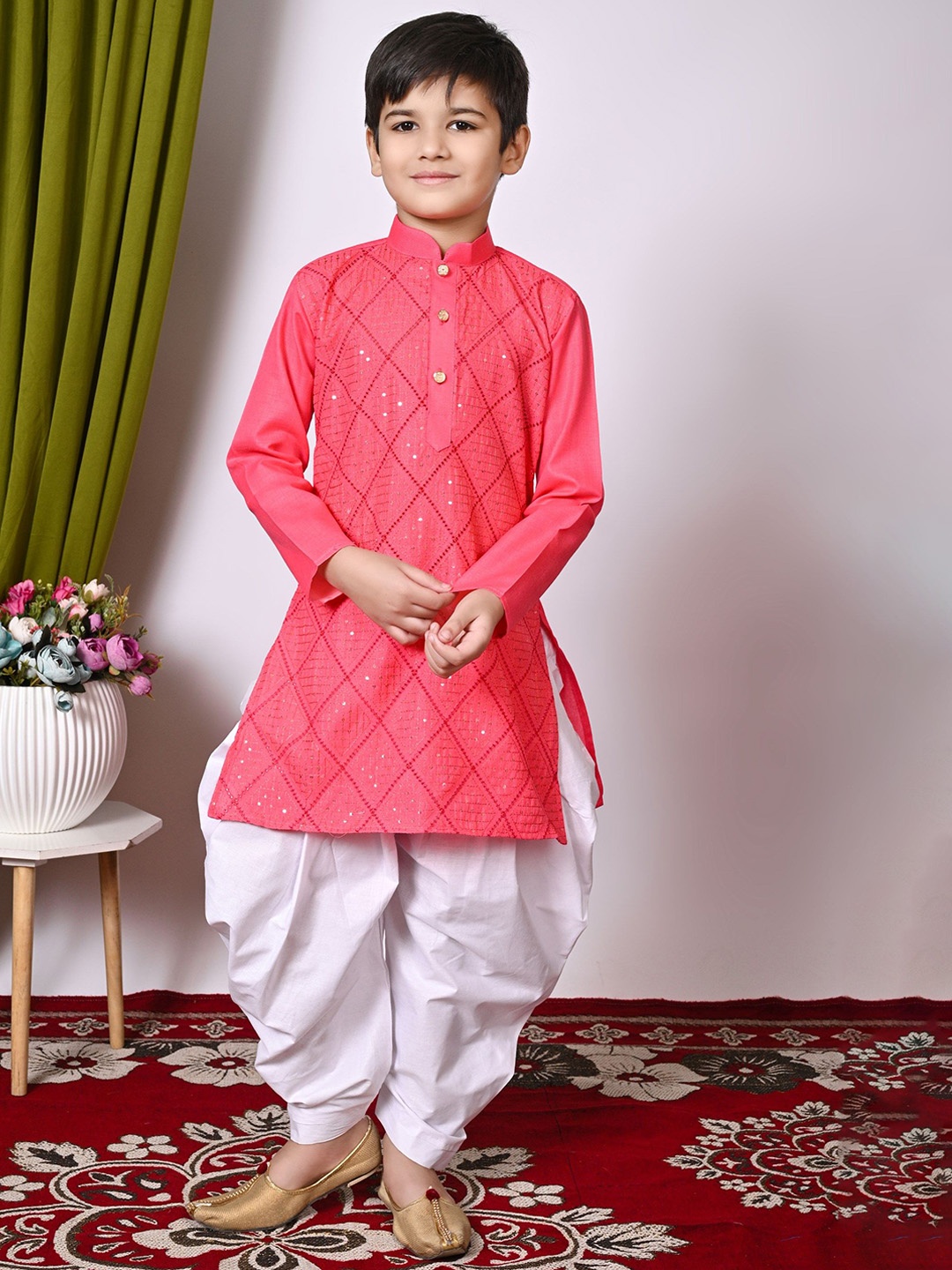 

NFC CREATION Boys Embroidered Regular Sequinned Kurta with Patiala, Pink