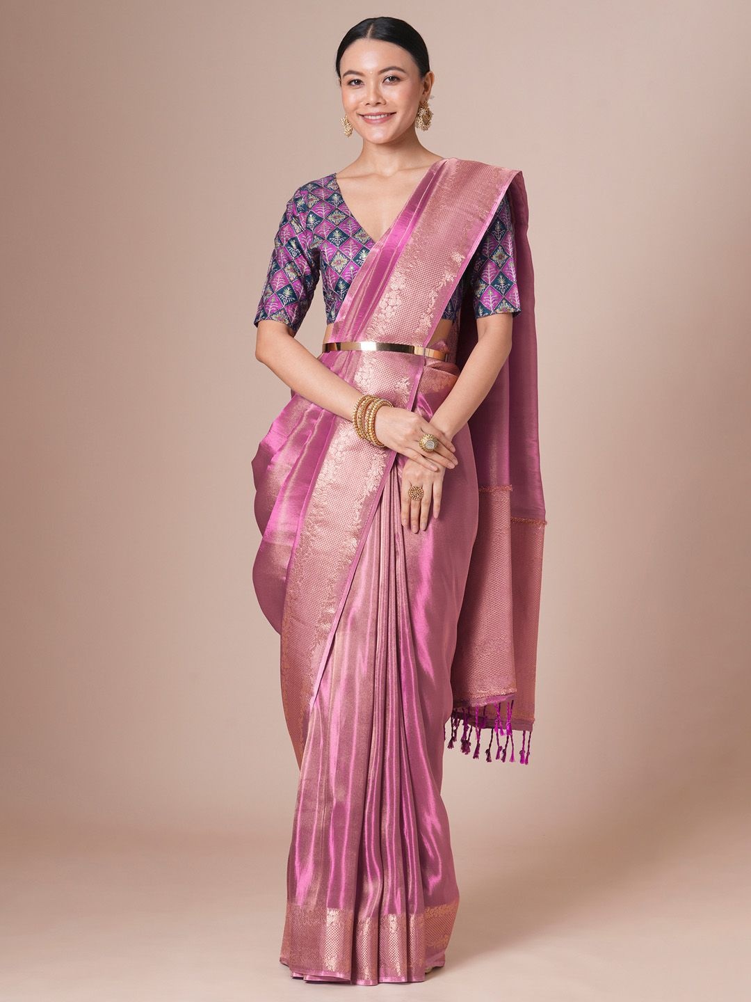

House of Pataudi Kanjeevaram Woven Design Saree With Blouse Piece, Pink