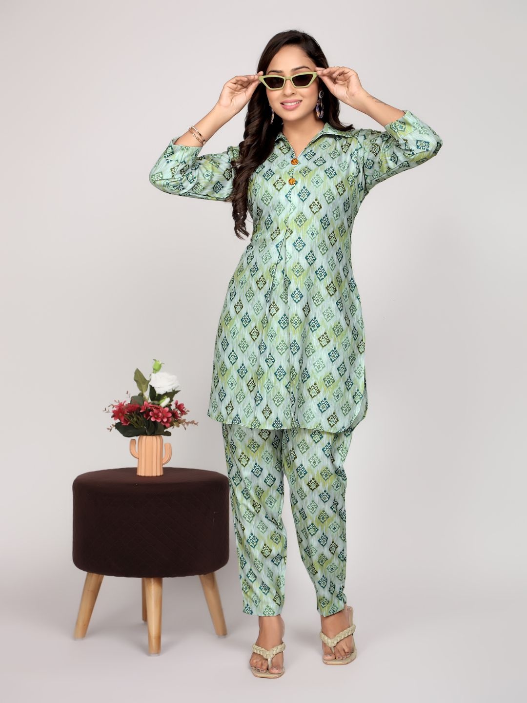 

Jade & Julie Floral Printed Pure Cotton Top With Trousers Co-Ords, Green