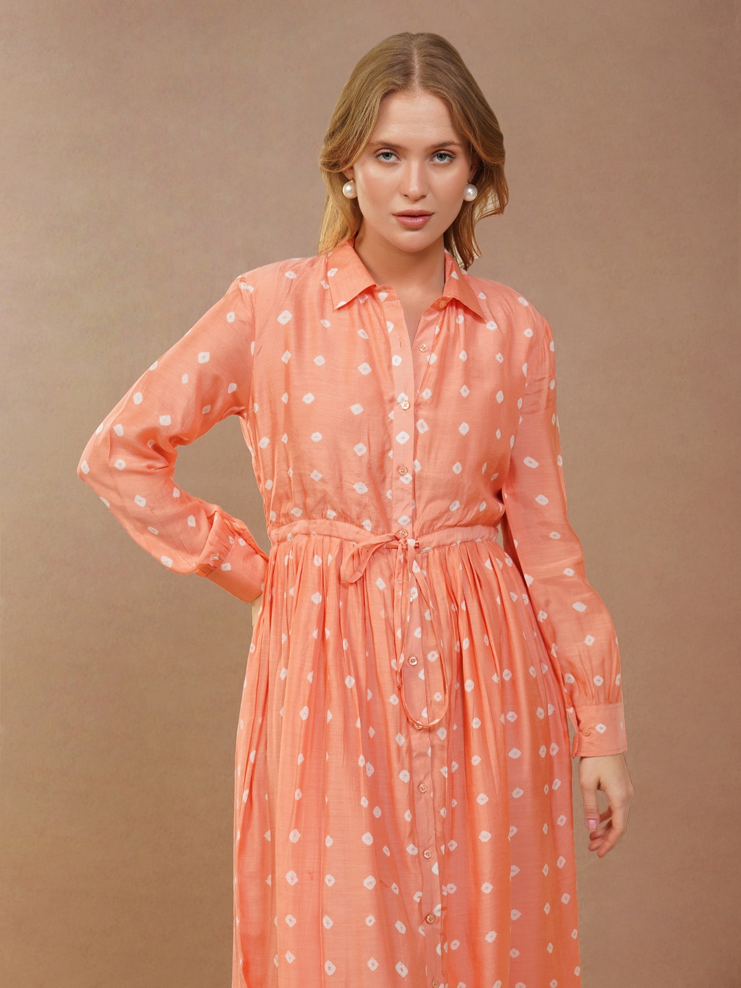 

Zenava by Myntra Print Shirt Midi Dress, Peach