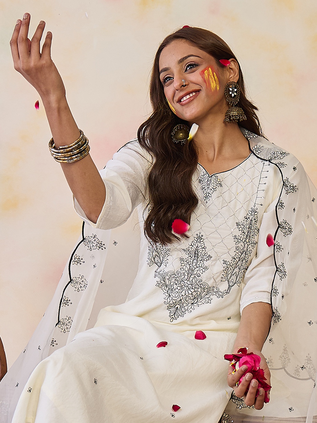 

Indo Era Women Ethnic Motifs Embroidered Regular Thread Work Kurta with Trousers & With Dupatta, White