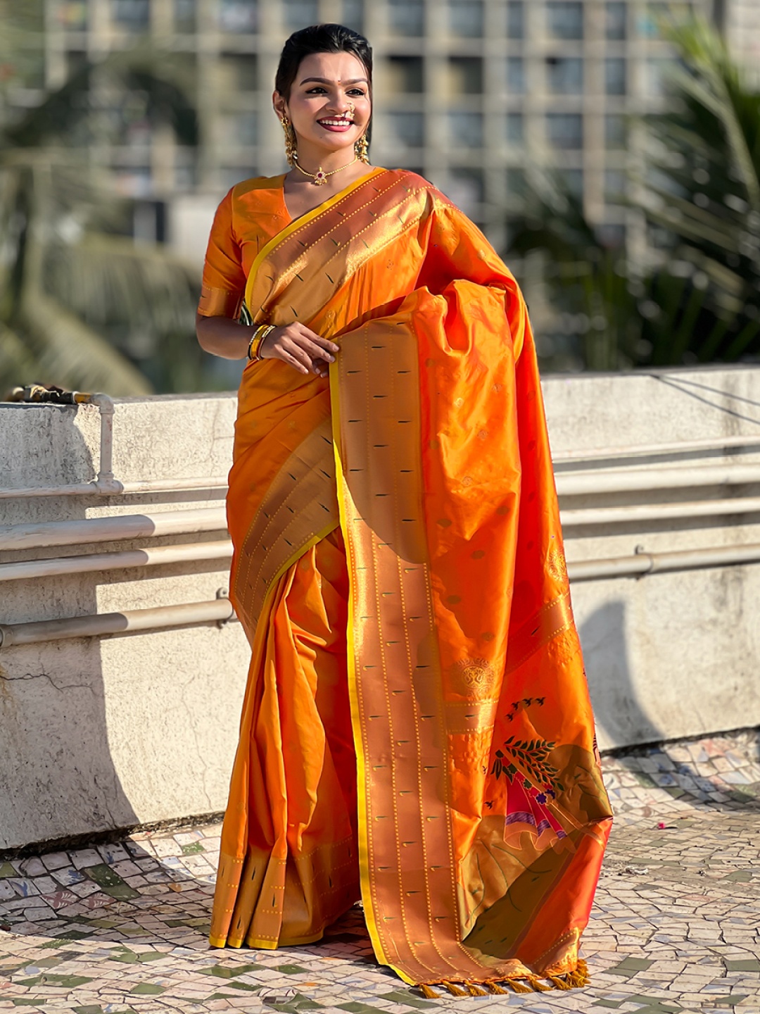 

all about you Woven Design Zari Silk Blend Paithani Saree, Orange