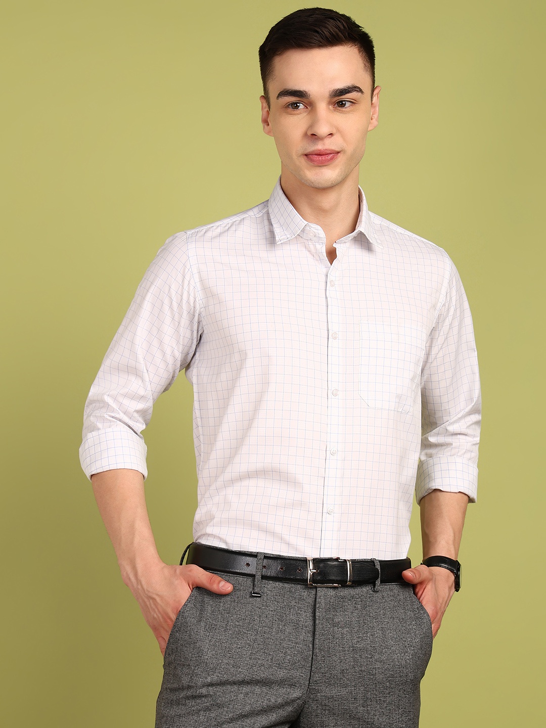 

PulseIQ Men Slim Fit Gingham Checks Opaque Checked Formal Shirt, White