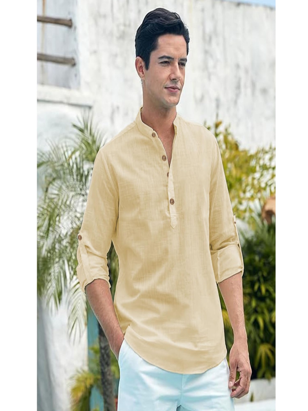 

EdinWolf Band Collar Roll-Up Sleeves Cotton Straight Kurta, Beige
