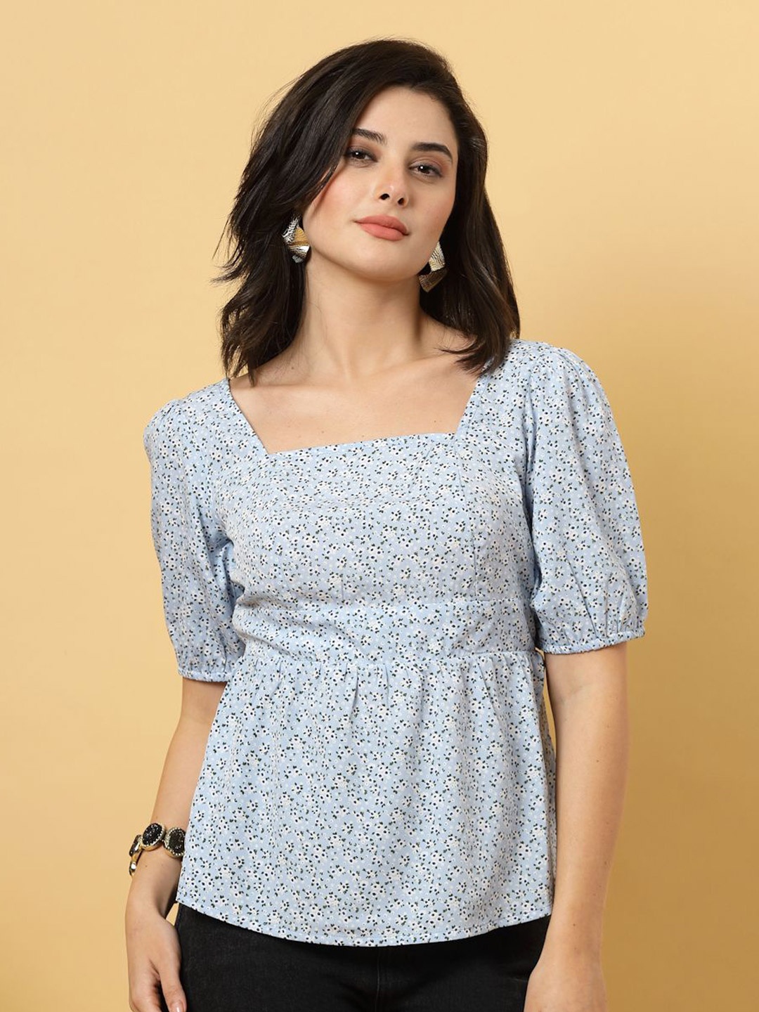 

RAASSIO Floral Print Puff Sleeve Crepe Blouson Top, Blue