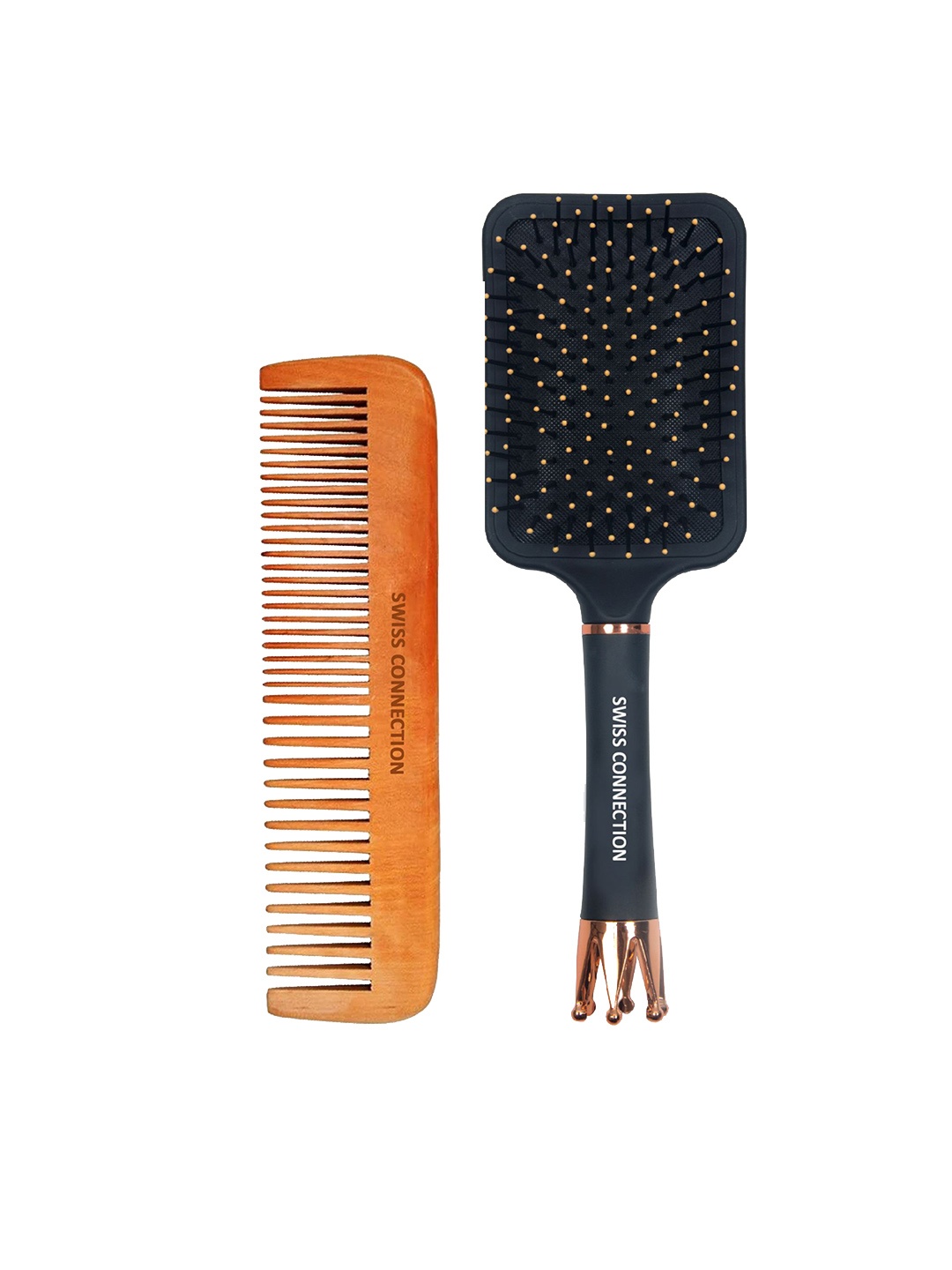 

Swiss Connection Set Of 2 Premium Paddle & Double Side Wooden Comb, Black