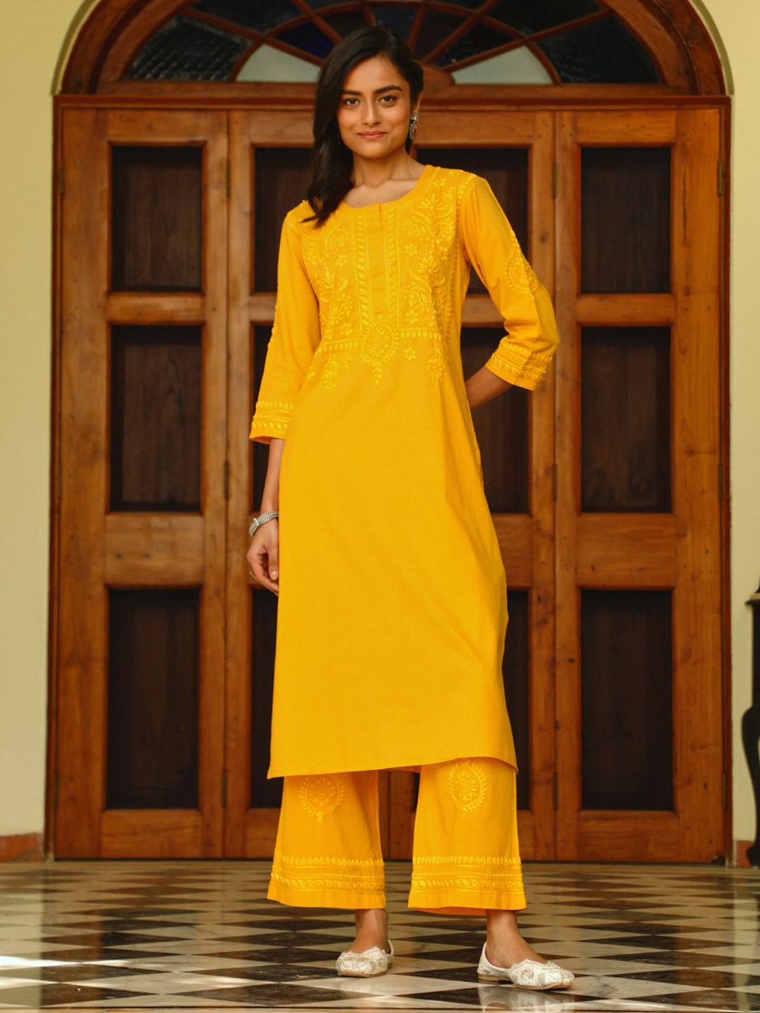 

House of Chikankari Women Straight Cotton Kurta Set - Yellow