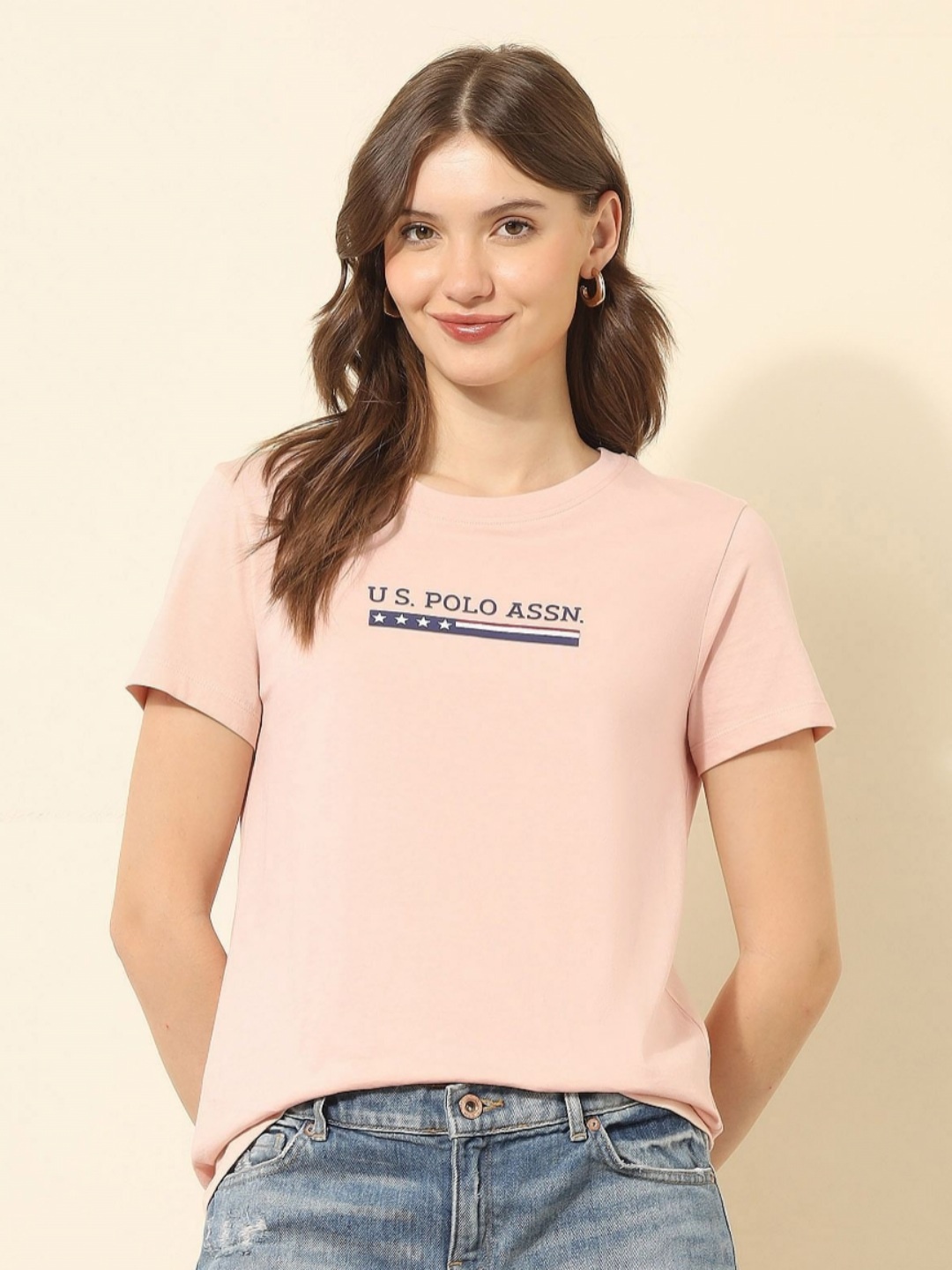 

U.S. Polo Assn. Women Women Brand Logo Printed Pure Cotton T-shirt, Pink