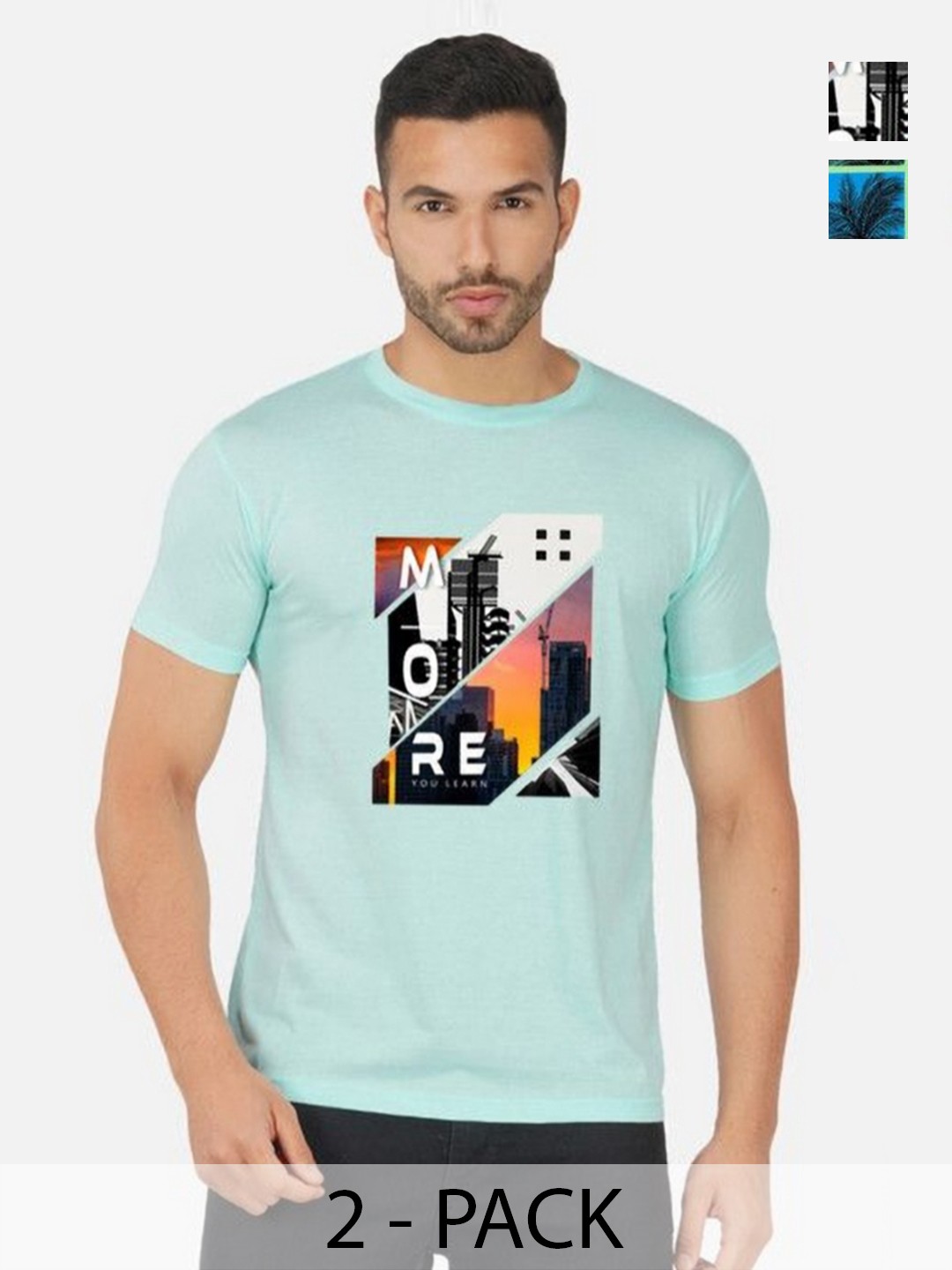 

GLOBAL NOMAD Men 2 Printed Bio Finish Applique T-shirt, Turquoise blue