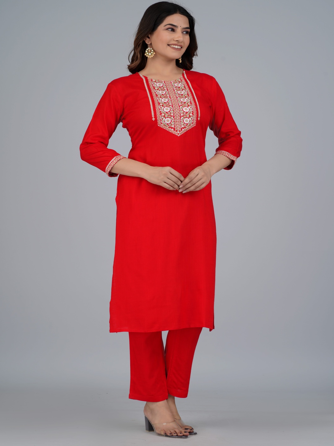 

Moda Rapido Women Embroidered Regular Kurta with Trousers, Red
