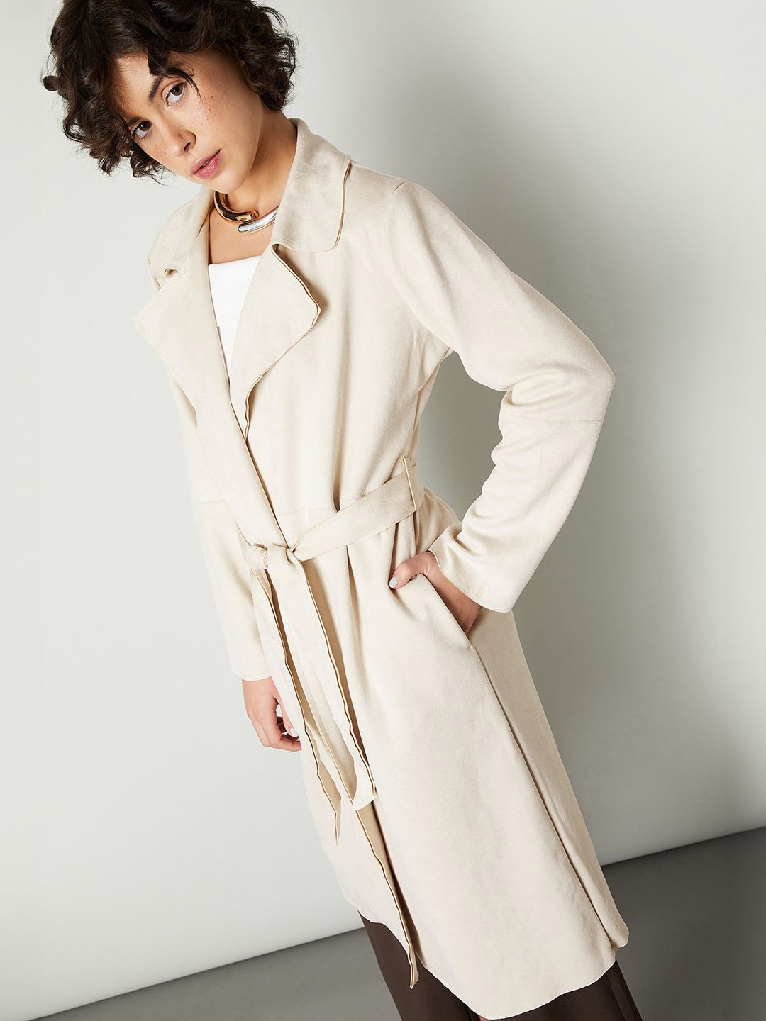 

max Longline Belted Trench Coat, Beige