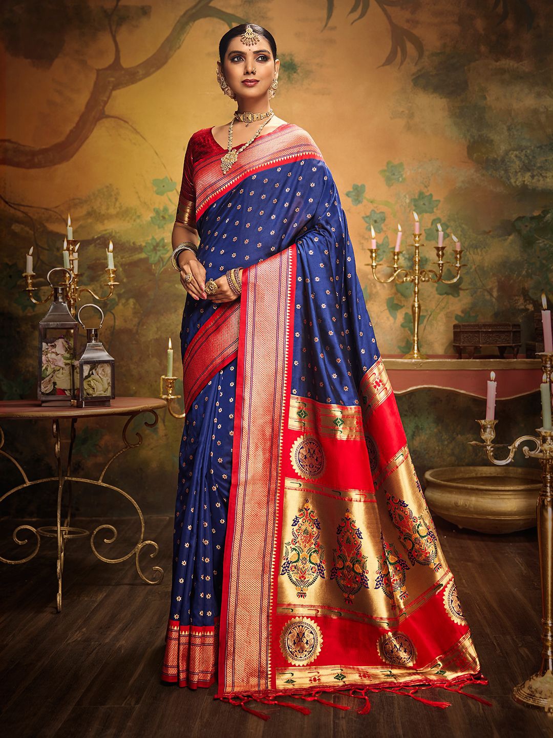 

LeeliPeeri Designer Woven Design Zari Silk Blend Paithani Saree, Navy blue