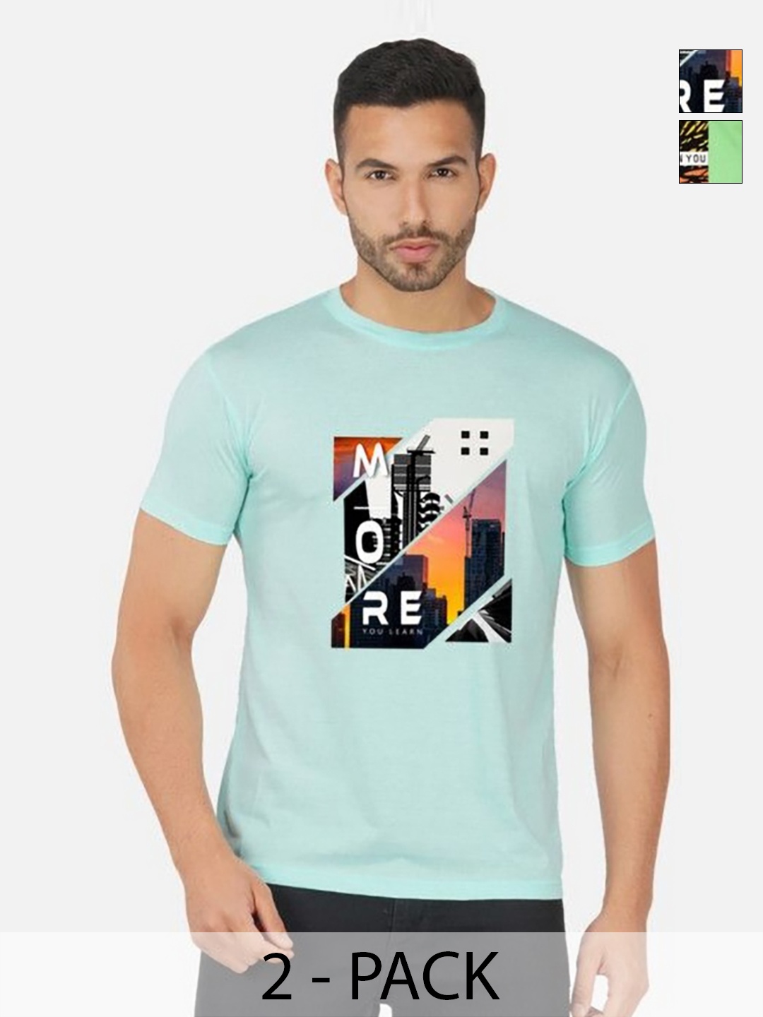 

GLOBAL NOMAD Men 2 Printed Bio Finish Applique T-shirt, Turquoise blue