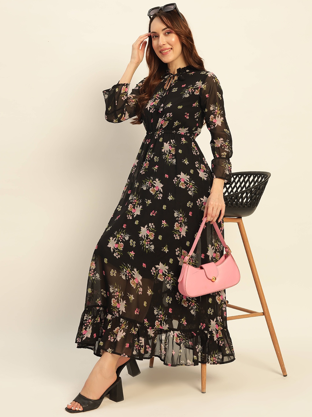 

DressBerry Floral Print Tie-Up Neck Puff Sleeve Georgette A-Line Maxi Dress, Black