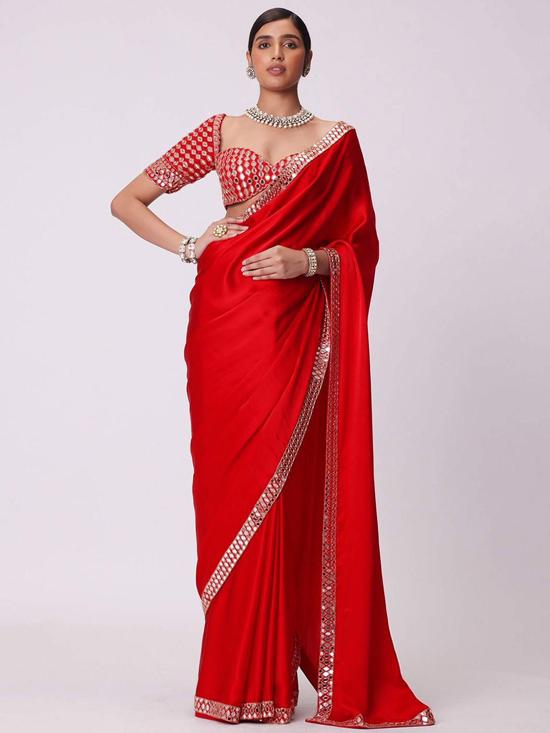 

Peachmode Embellished Mirror Work Organza Saree, Red