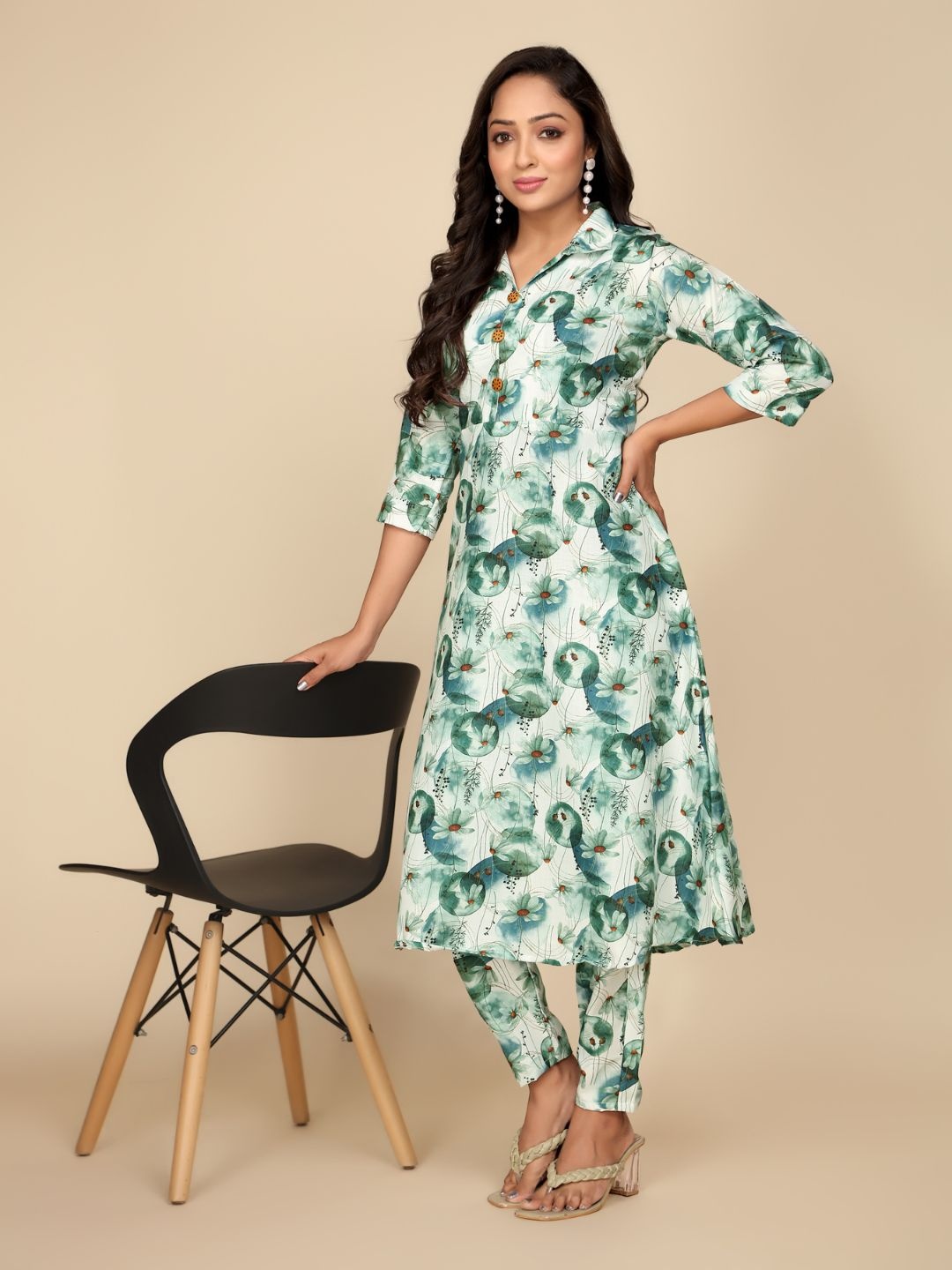 

Jade & Julie Printed Pure Cotton Shirt Collar Neck Top With Trousers Co-Ords, Blue