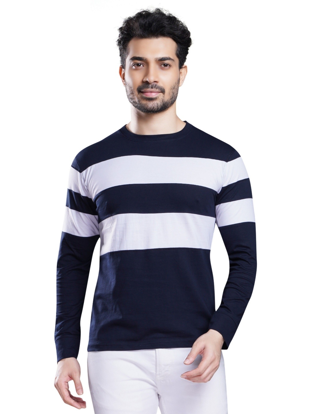 

QUCO Men Cotton Biowashed Round Neck Colour Blocked Full Sleeve Tshirt, Multi