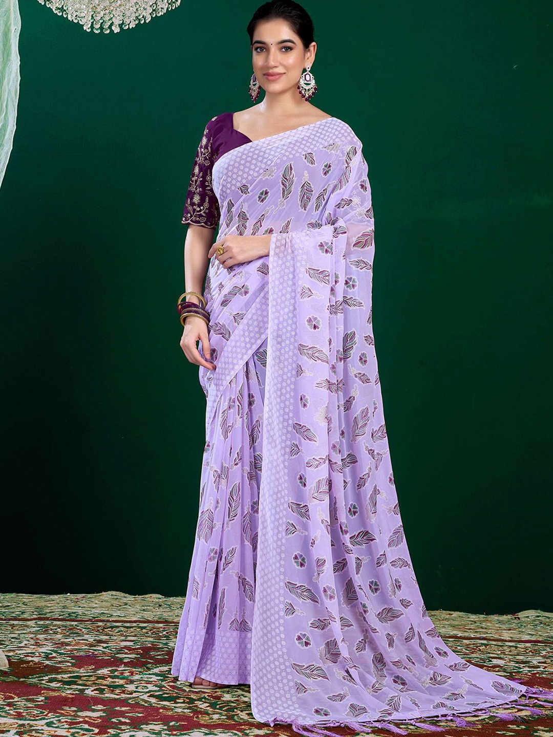 

all about you Ethnic Motifs Pure Georgette Dabu Saree, Lavender